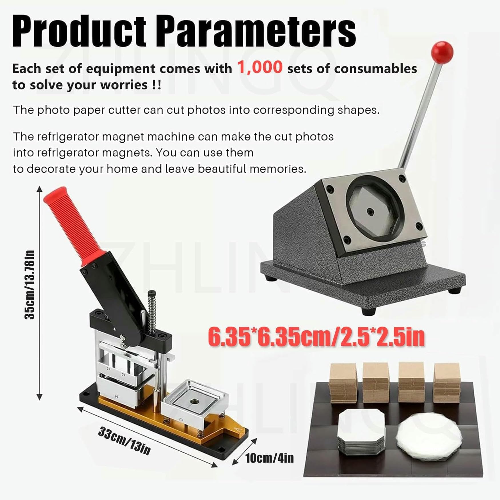 Macchina per Fare Imanes, Ultra HD 63,5 X 63,5 Mm/2,5 X 2,5 Pollici, con 1000 Giochi di Consumabili, Ideale per Decorare Il Frigorifero con Imanes, Maker + Knife + (Acrylic + Pins) * 1000