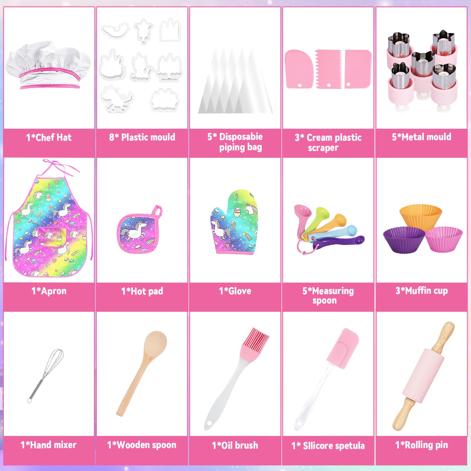 Kit Pâtisserie Enfant 38PCS - Tablier Toque & Accessoires Cuisine Pour Filles 3-12 Ans