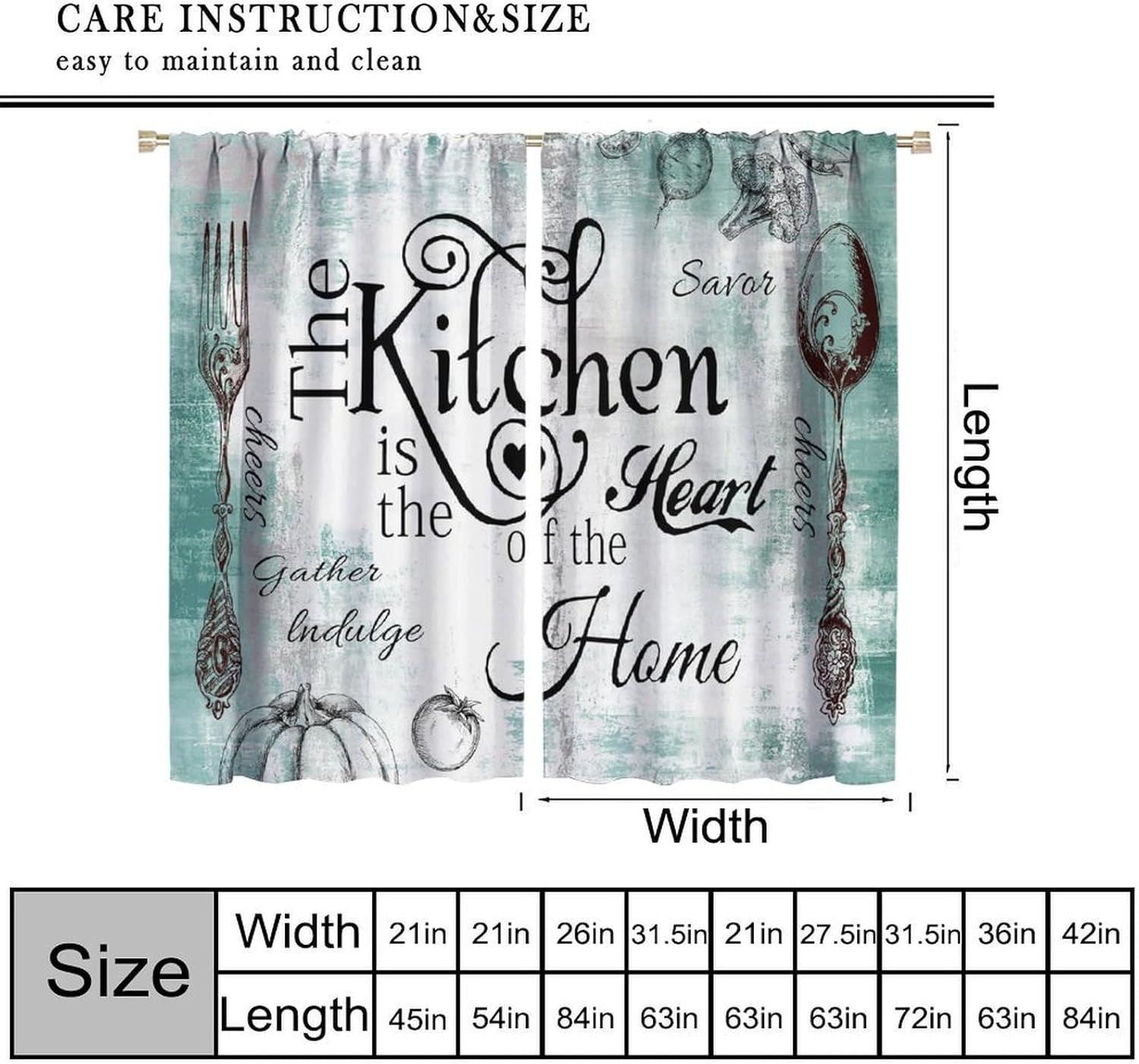 Teal Farmhouse Rustic Blackout Curtains for Kitchen Wooden Wood Cafe Window Curtains Vintage Fork Spoon Retro Windows Treatments Print for Living Room Bedroom Dining Room 42x63in