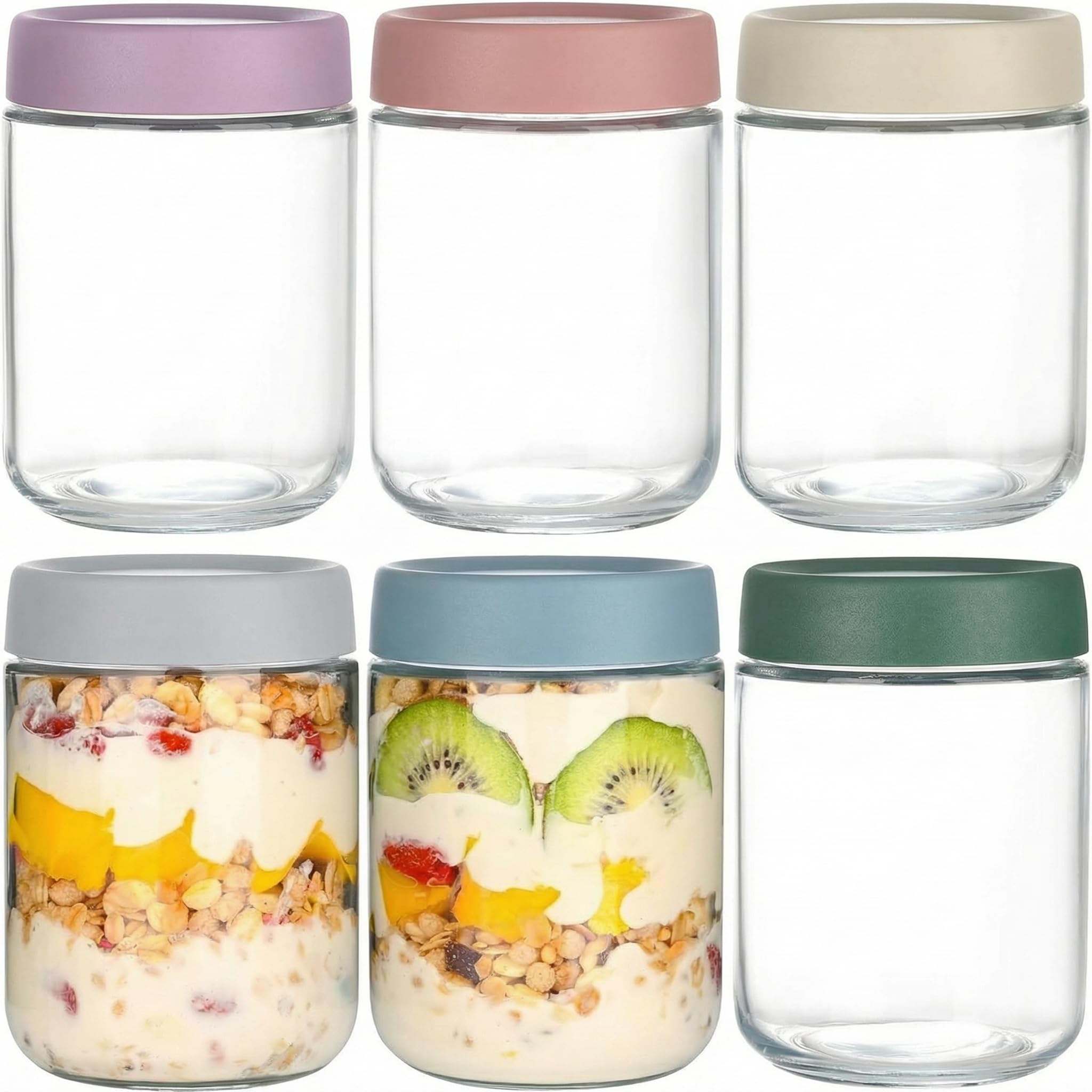 CarZenith 6 Pack Overnight Oats Jars, 16oz Glass Mason Jars with Lids, Leakproof for Yogurt Fruit Snacks Salad Dressing, 6 Colors(6-Pack 500ml)