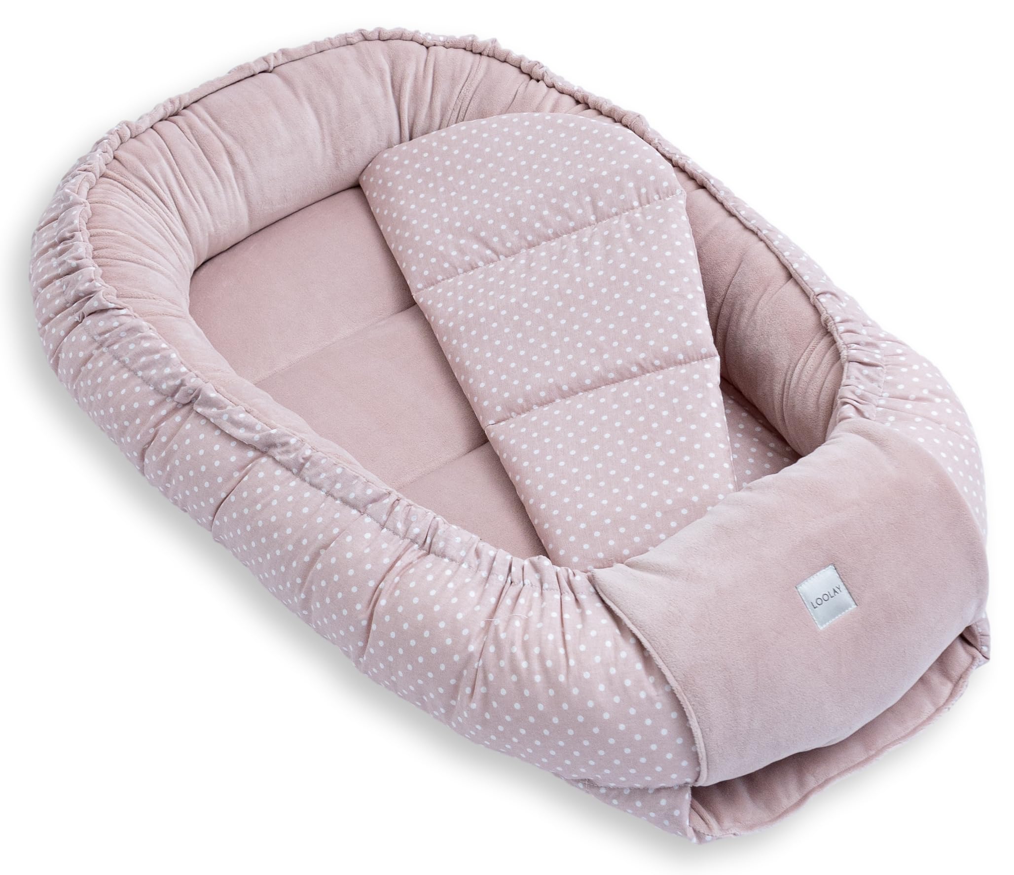LOOLAY Nid de bébé, tour de lit pour nouveau-né - tour de lit bébé 91 × 63 cm avec matelas, nid portable en velours velours & coton (rose velours/pois rose)