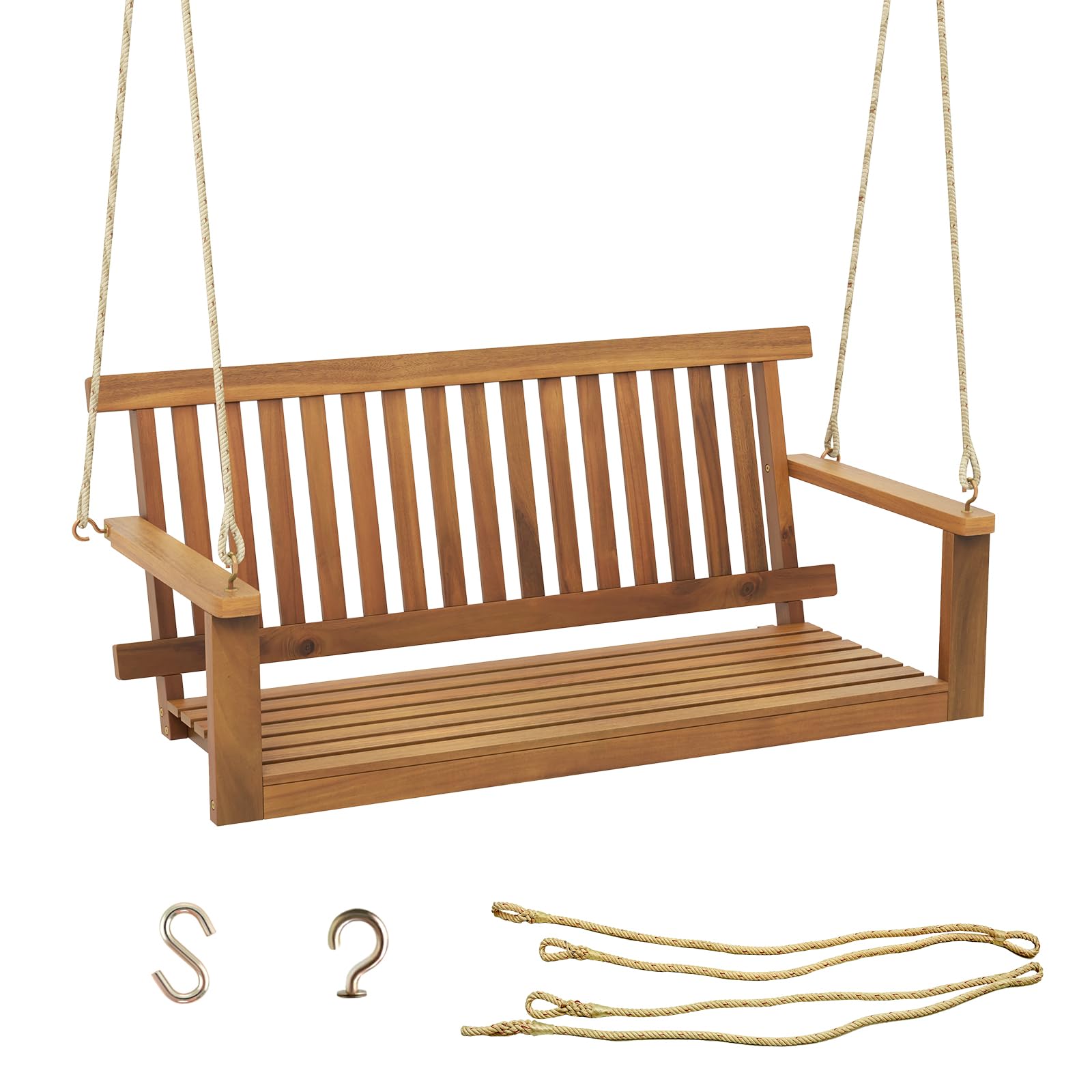 KOMFOTTEU Columpio de Madera de Acacia de 2 Plazas, Banco Colgante de Jardín, Asiento Suspendido con Carga de 360 kg, Silla Hamaca para Terraza, Patio, Jardín, 130 x 63 x 57 cm