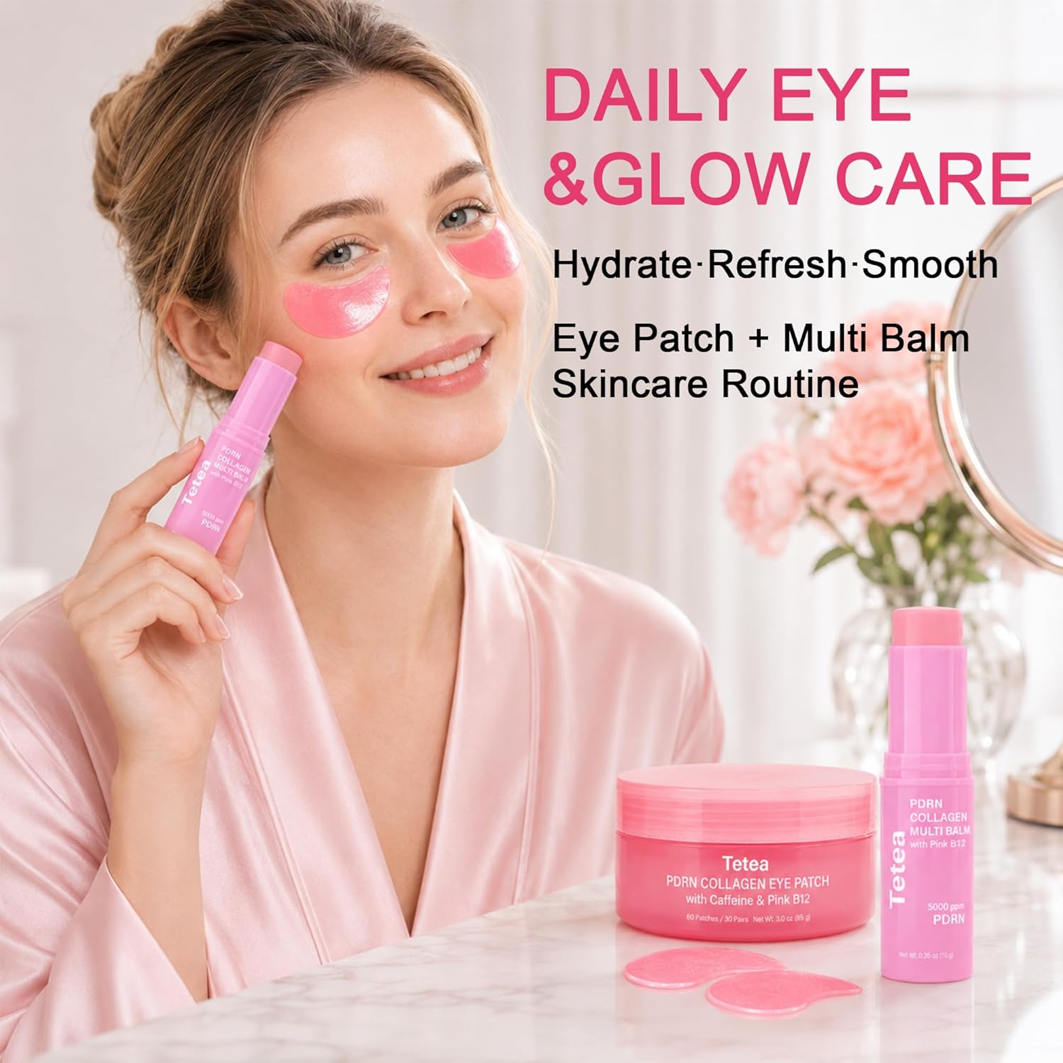 PDRN Pink Collagen Multi Balm Stick & Under Eye Patch Set, 0.32 oz | Caffeine and Pink B12, Hydrating Care, For Under Eyes, Face, Neck and Lips, 60 Eye Patches