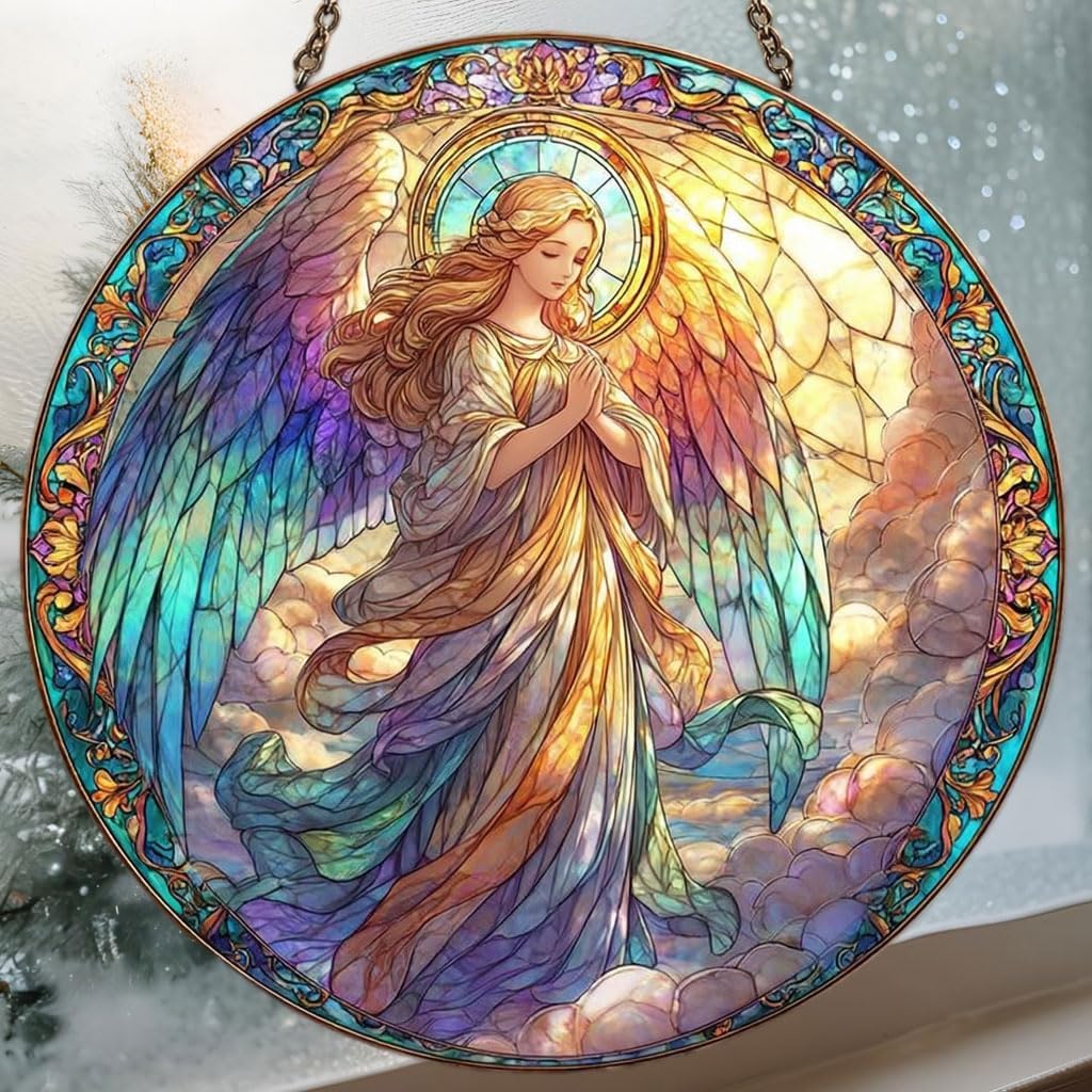 Radiant Winged Angel Mosaic Style Mosaic Effect Acrylic Suncatcher Stained Glass Effect Window Car Hanging Christmas Ornament Indoor Outdoor Decor Garden Sun Catcher Panel for Women Mom Grandma