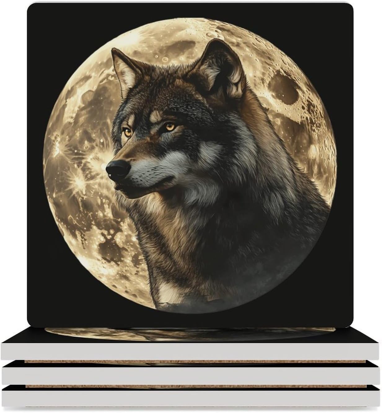 Wolf and Moon Funny Ceramic Coasters for Drinks Absorbent Cup Holder Tabletop Protector with Cork Base