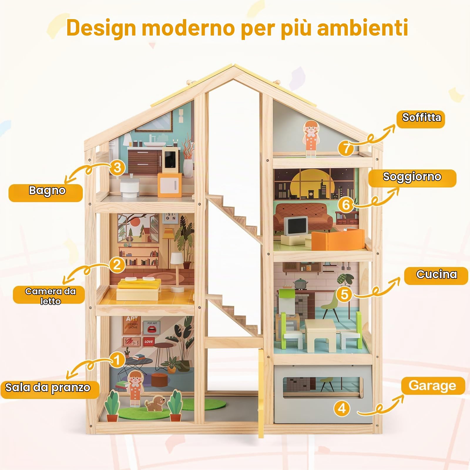 FANTASK Casetta per bambole in legno, colorata con mobili e accessori, 3 ripiani fai da te con garage e porta apribile, per ragazze e ragazzi dai 2 anni in su