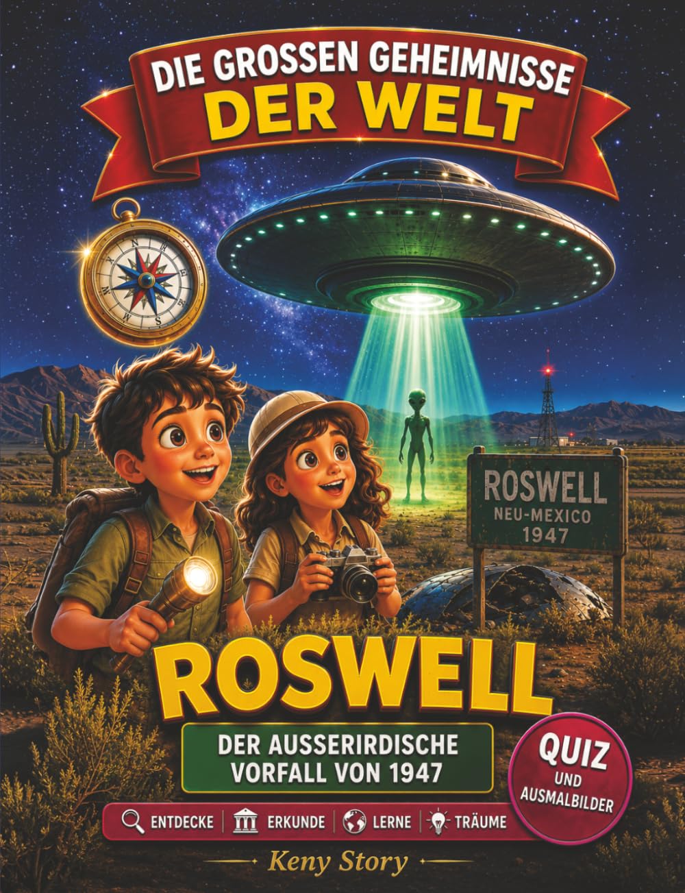 Roswell: Die wahre Geschichte hinter dem Geheimnis: UFOs, außerirdischer Absturz von 1947, New Mexico, fliegende Untertassen, Aliens, geheime Theorien, Quiz und Malvorlagen für Kinder