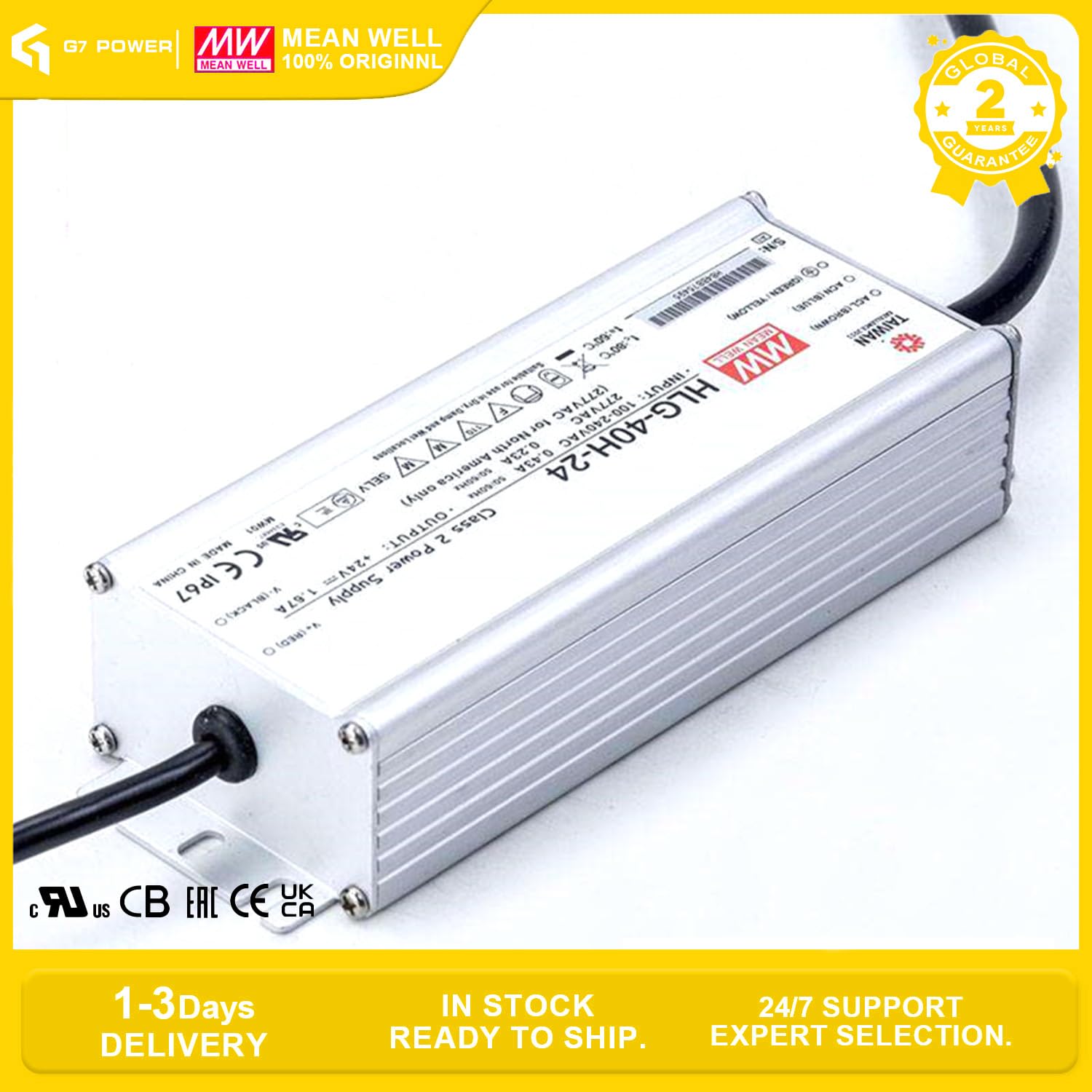 HLG-40H-24 40W 24V 1.67A LED Driver - IP67 Waterproof Constant Current/Constant Voltage Power Supply for LED Lighting, Signage, and Displays