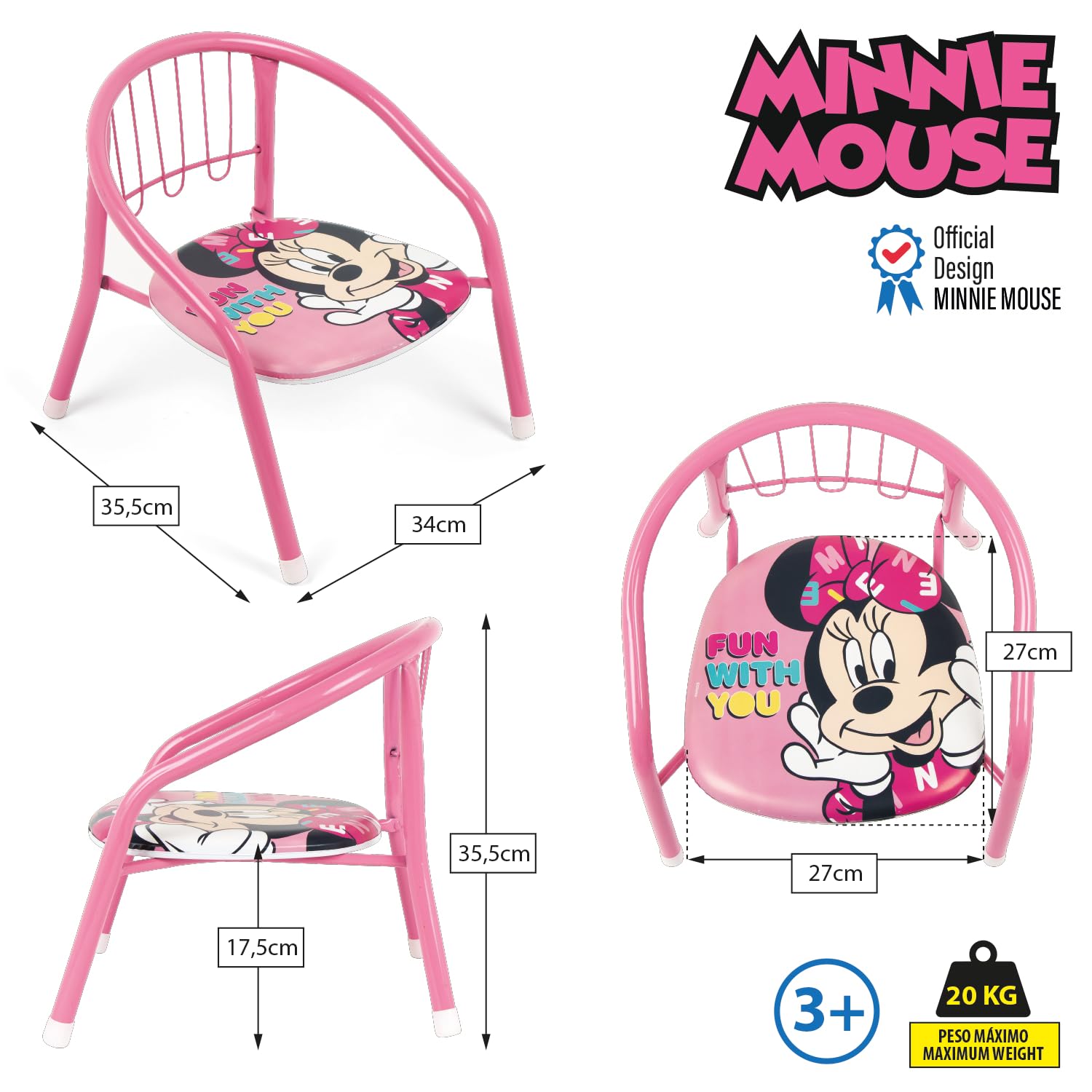 ARDITEX Silla Infantil Minnie Mouse Disney, Silla Metal 35,5 x 30 x 33,5 cm Rosa