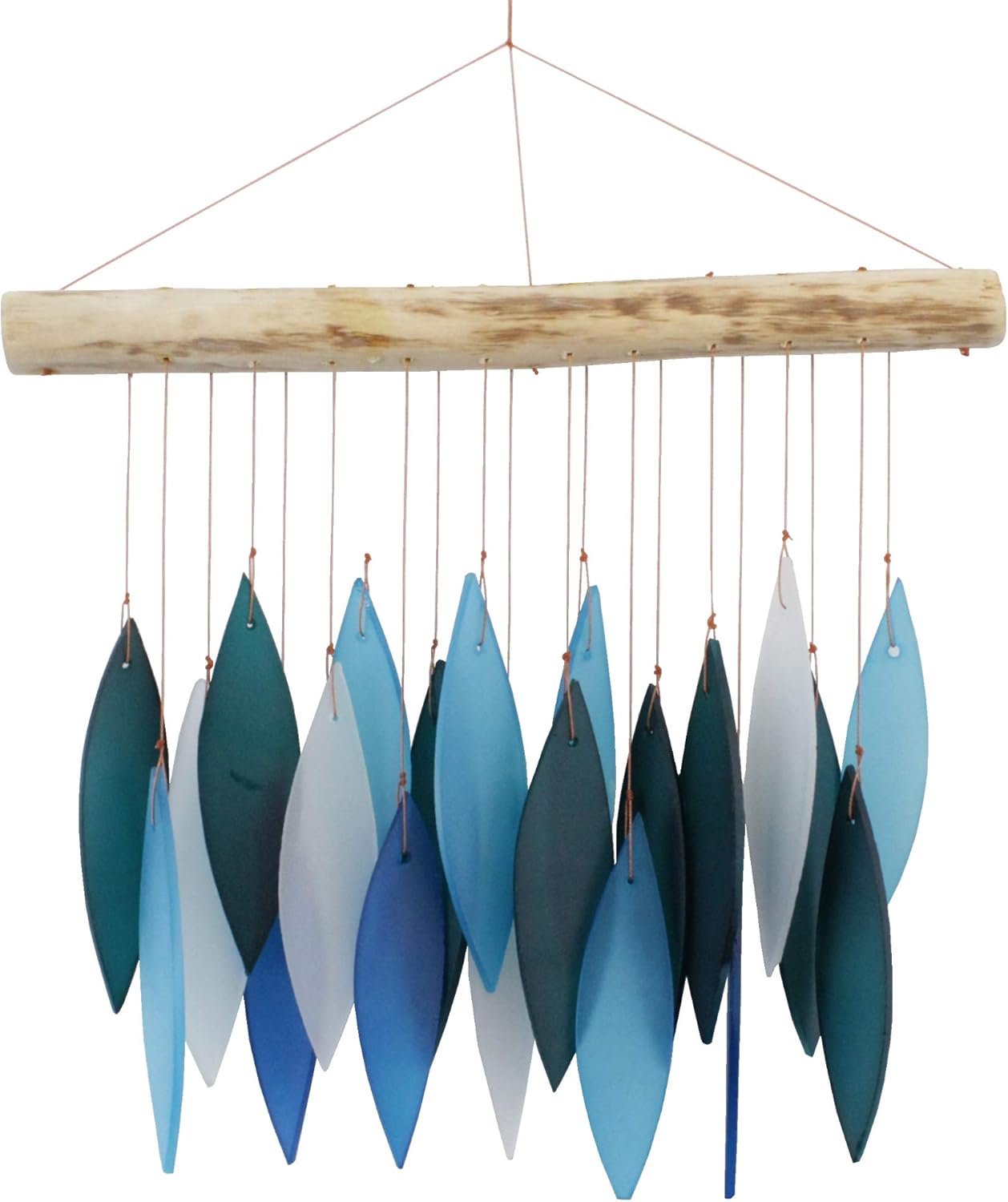 Glass Wind Chime - Leaf Design - Blues, White & Green - Recycled Glass and Driftwood - Cohasset Gifts Tumbled Glass Chimes - Sun Catcher, Garden Mobile, Window/Wall Art