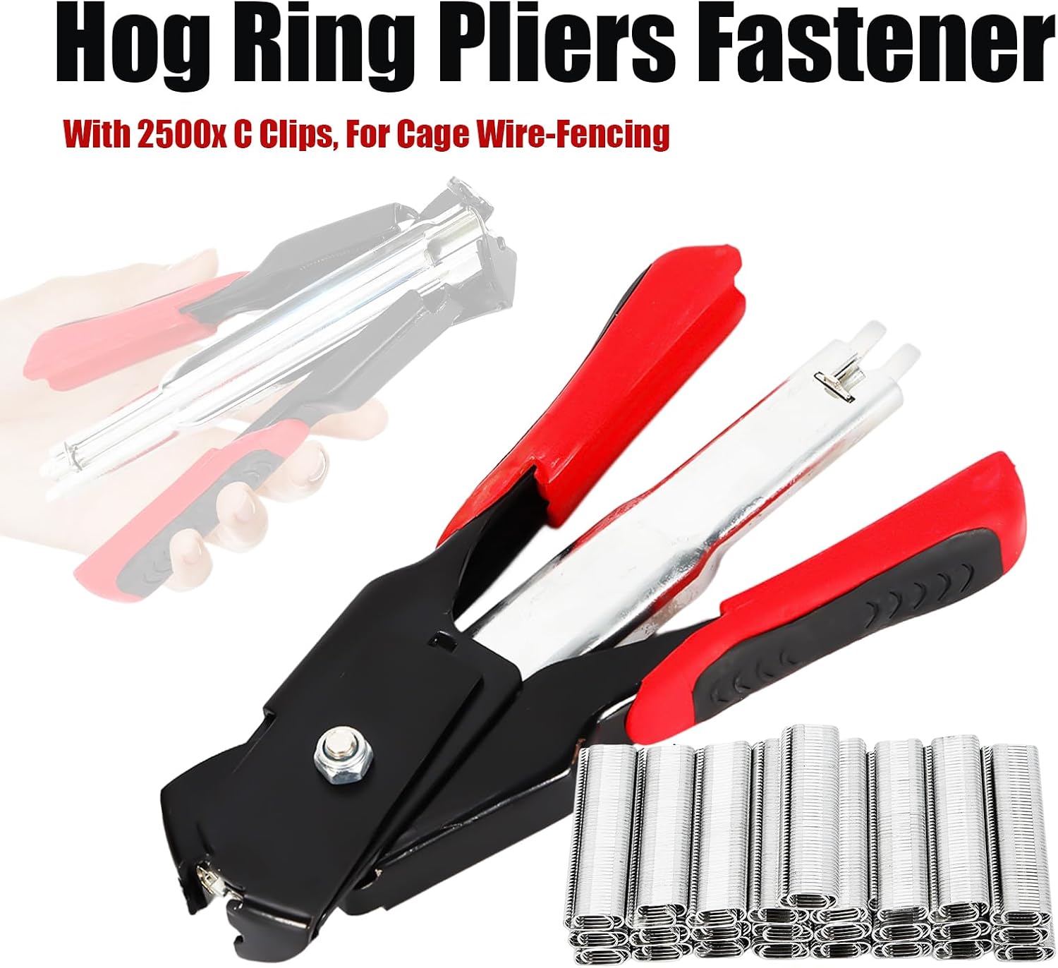 Hog Ring Pliers, Spring Loaded Hog Ring Pliers Kit with 2500pcs C Clips, Manual Pliers Tool for Fence Fastening, Upholstery Installation, Animal Cages (Black)
