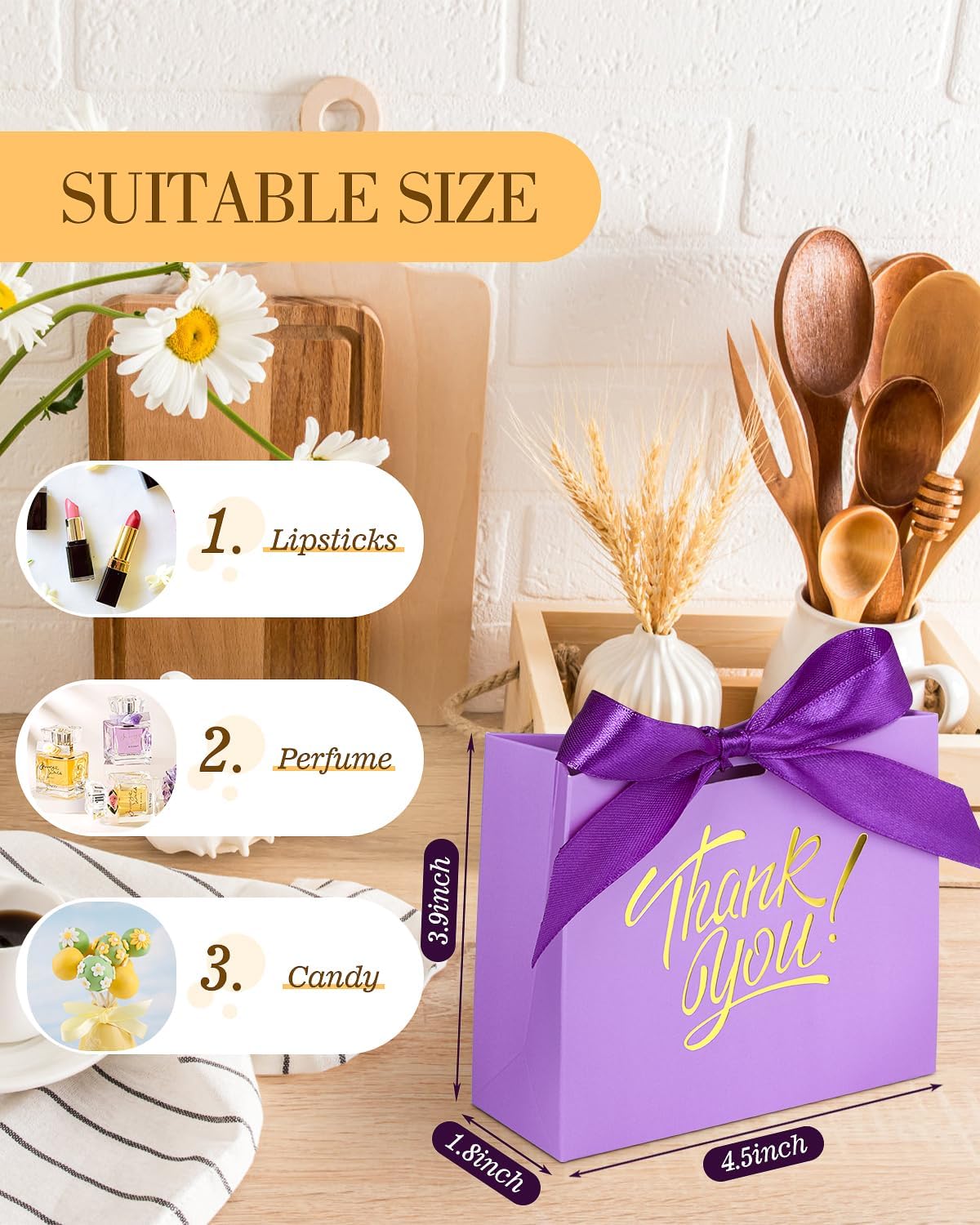 EQOREIIN Small Gift Bags, 25 Pack 4.5x1.8x3.9 Inches Mini Thank You Bags Purple Kraft Paper Gift Bags with Bow Ribbon, Small Candy Bags for Birthday Wedding Baby Shower - Image 3