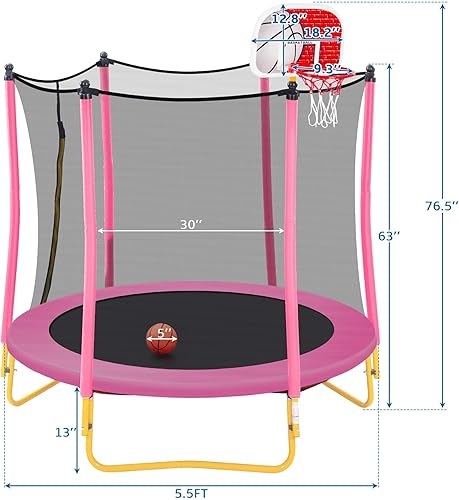 Miniatura 6 de Merax Trampolín de 66 pulgadas para niños con aro de baloncesto, bola de goma y red de recinto, mini trampolín pequeño de 5.5 pies para interiores y