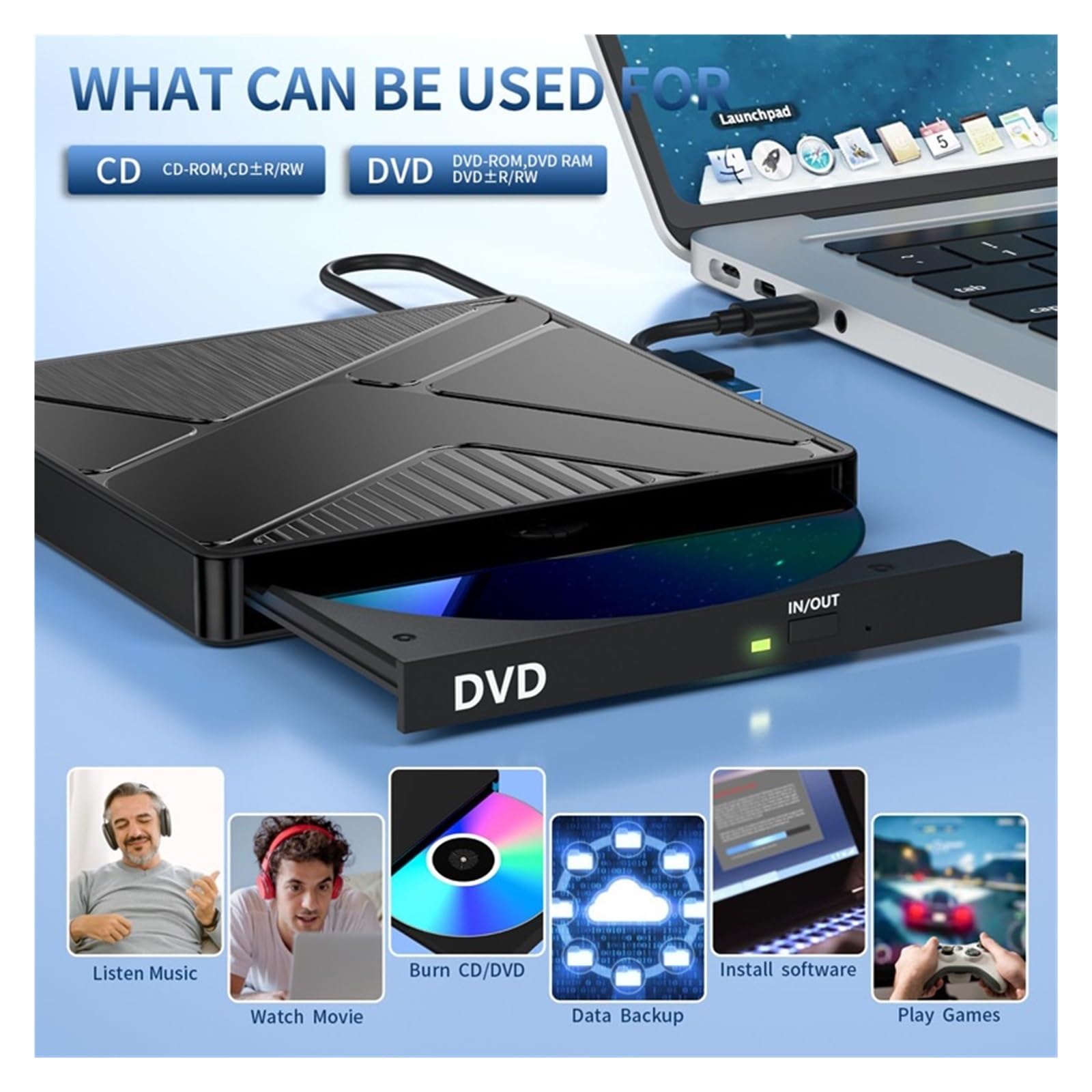 Unidad Óptica Externa USB3.0 Unidad De CD Grabadora De DVD Portátil Móvil Externa Type-C(Dual Line Bilateral Optical Drive)