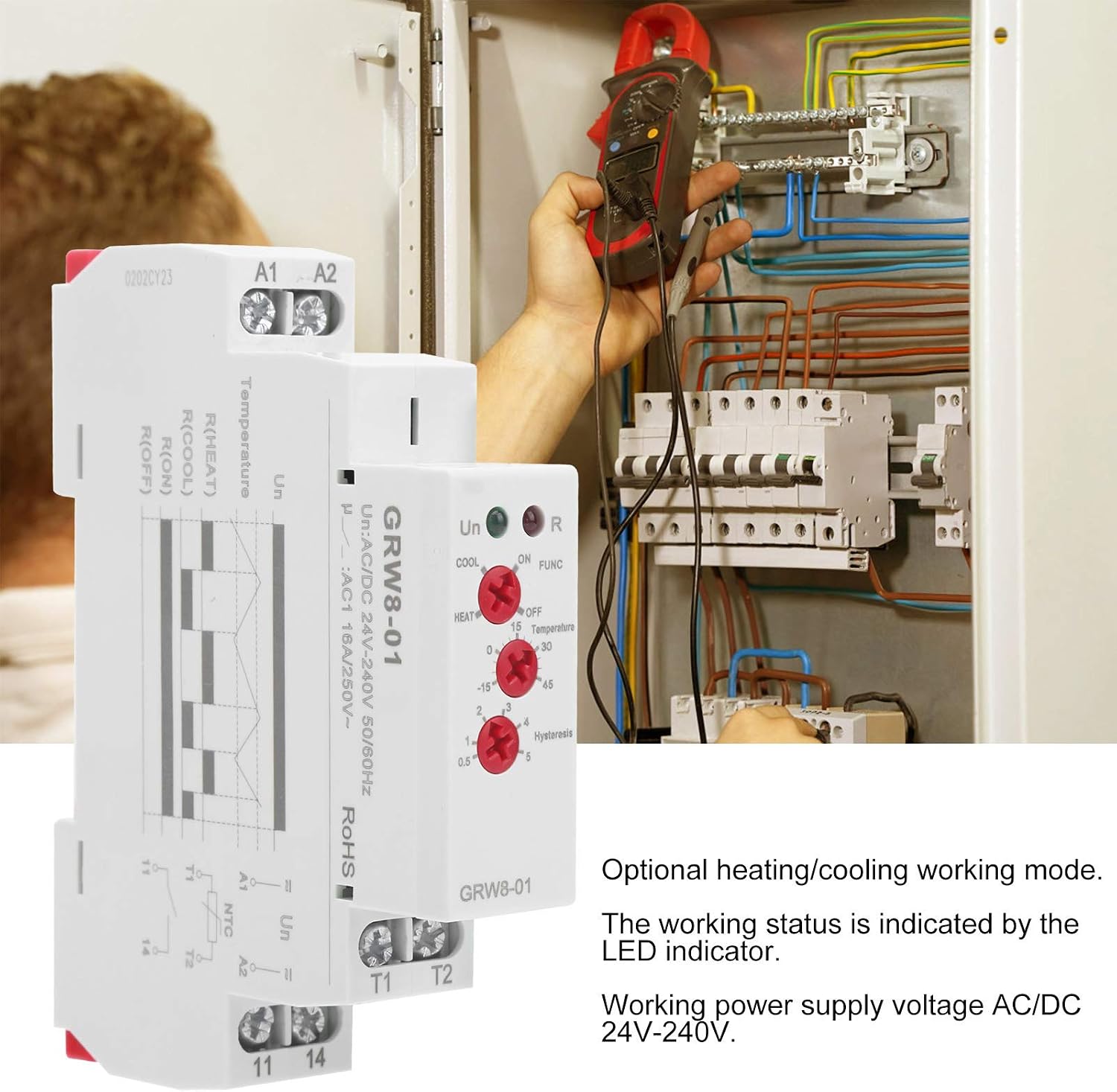 GRW8-01 relay installed in an electrical panel with wiring