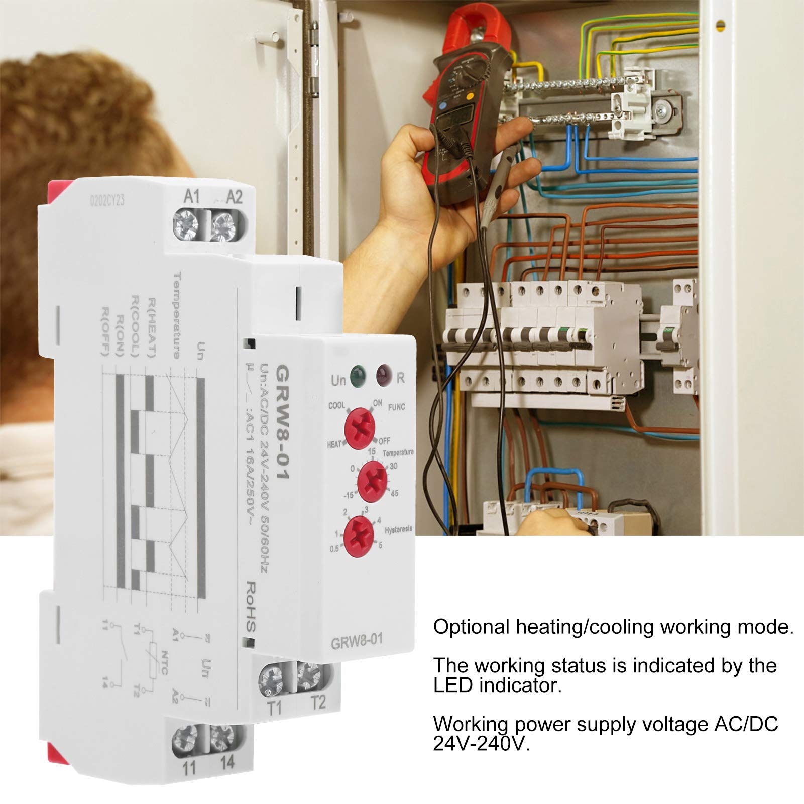 BuyWeek Regolatore di Temperatura Relè di Controllo della Temperatura, GRW8-01 AC/DC 24V-240V per Guida da 1,4 pollici
