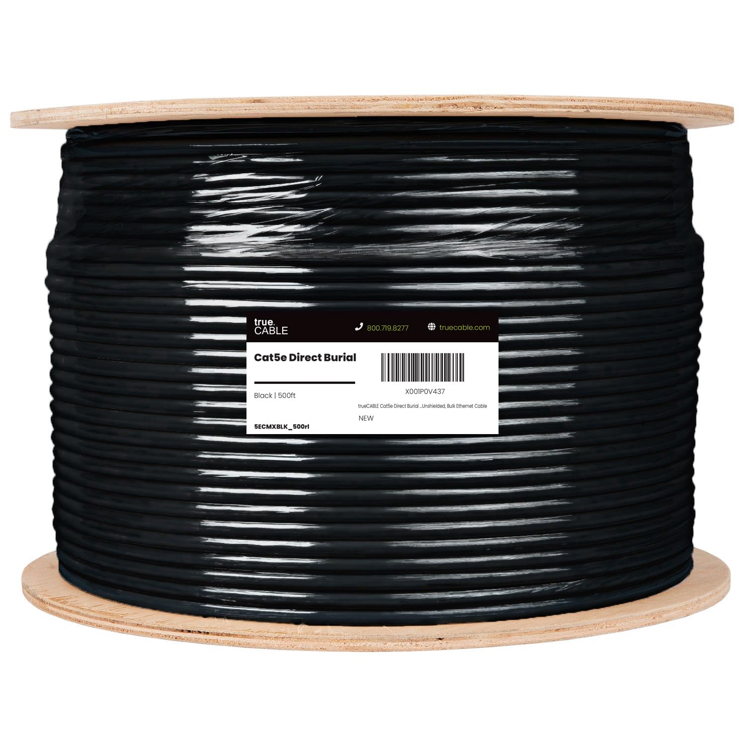 TRUE CABLE Cat5e Direct Burial Bulk Ethernet Cable, Unshielded U/UTP, 500ft, Black, Waterproof, Outdoor OSP Jacket, 24AWG Solid Bare Copper, 350MHz, PoE++ 100W
