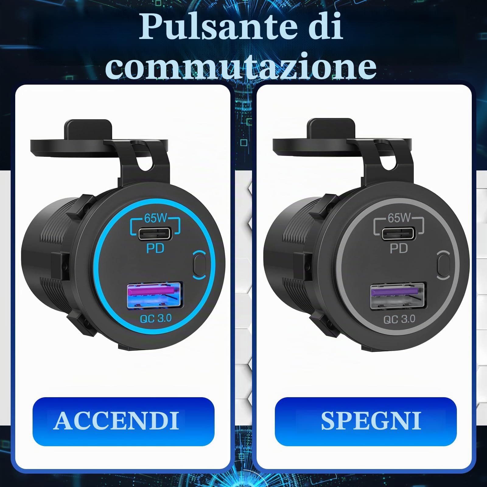 Presa USB da 83 W 12 V, 18 W QC 3.0 USB A e 65 W PD USB C per caricabatteria da auto con interruttore ON Off per auto, golf cart barca, autobus marino, camion, camper, moto marine