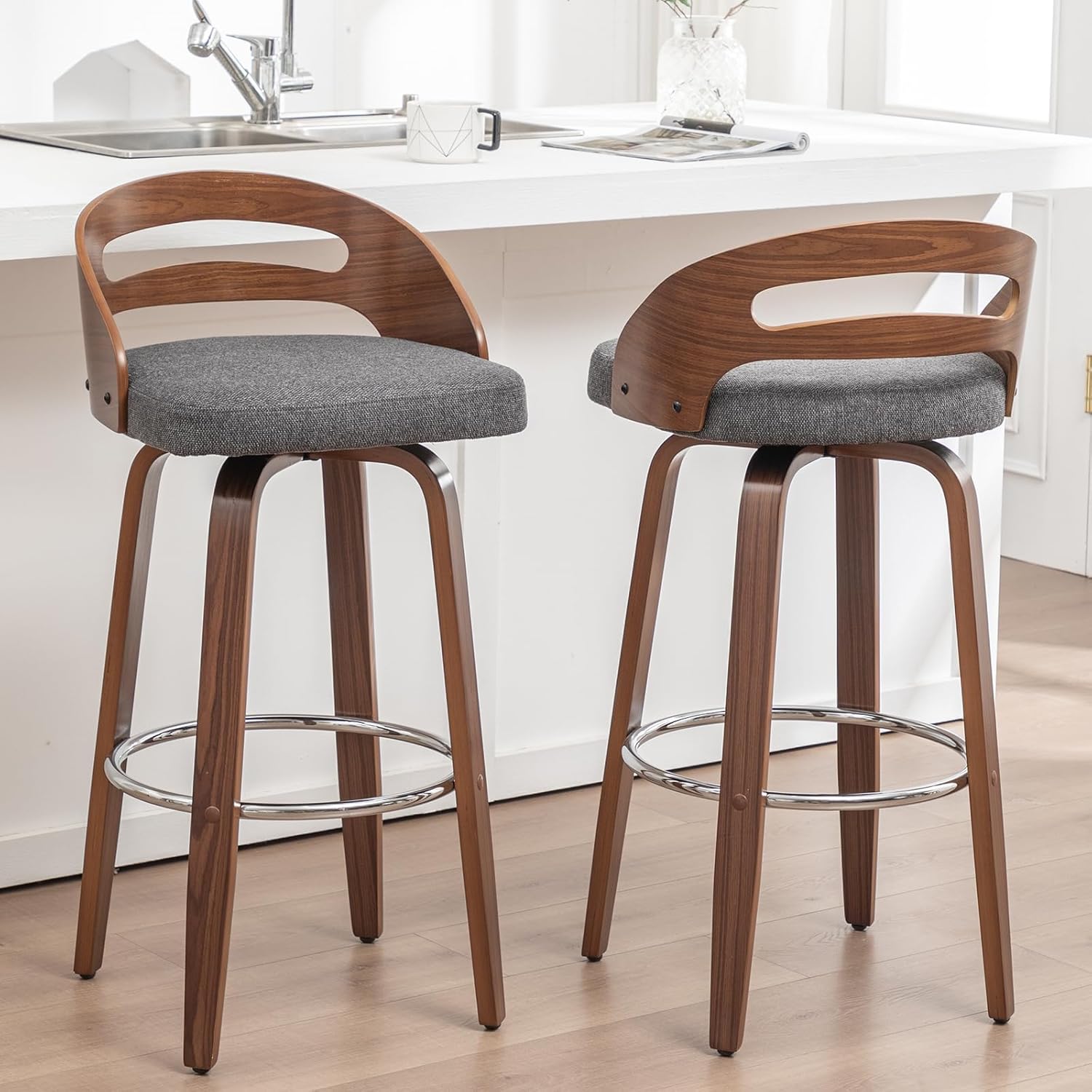 Counter Stool Set of 1, 25 inch Mid Century CounterStool with Walnut Crafts, Bentwood Curved Back, Upholstered Faux Leather, Kitchen Island Stool for Cafe/Pub/Island (Beige, 25" Seat Height)