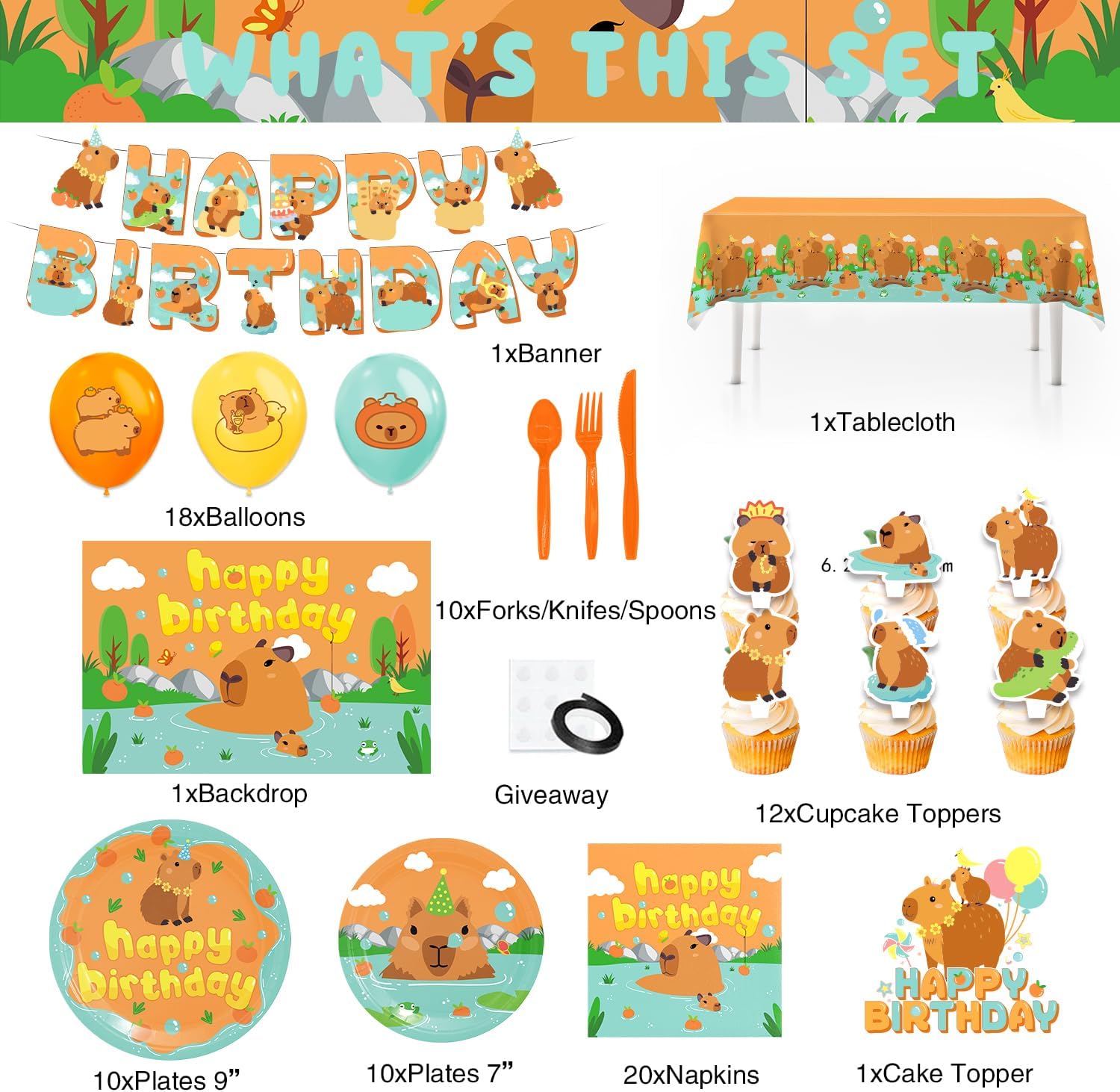 Capybara Birthday Decorations,Capybara Party Supplies,Capybara Party Decorations,Capybara Party Supplies Include Balloons,Backdrop,Banner, Cake Toppers,Tableware, Tablecloth - Image 3