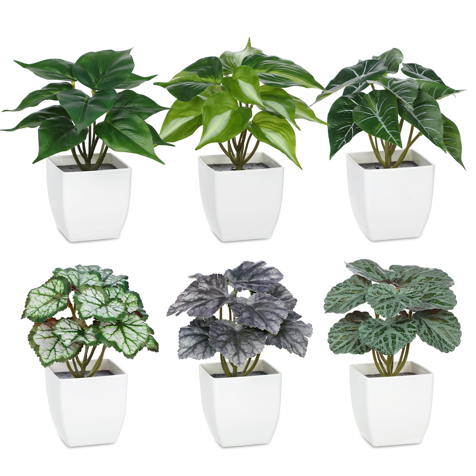 Briful 6PCS Mini Artificial Plants Indoor, Small Fake Plants in White Plastic Pots