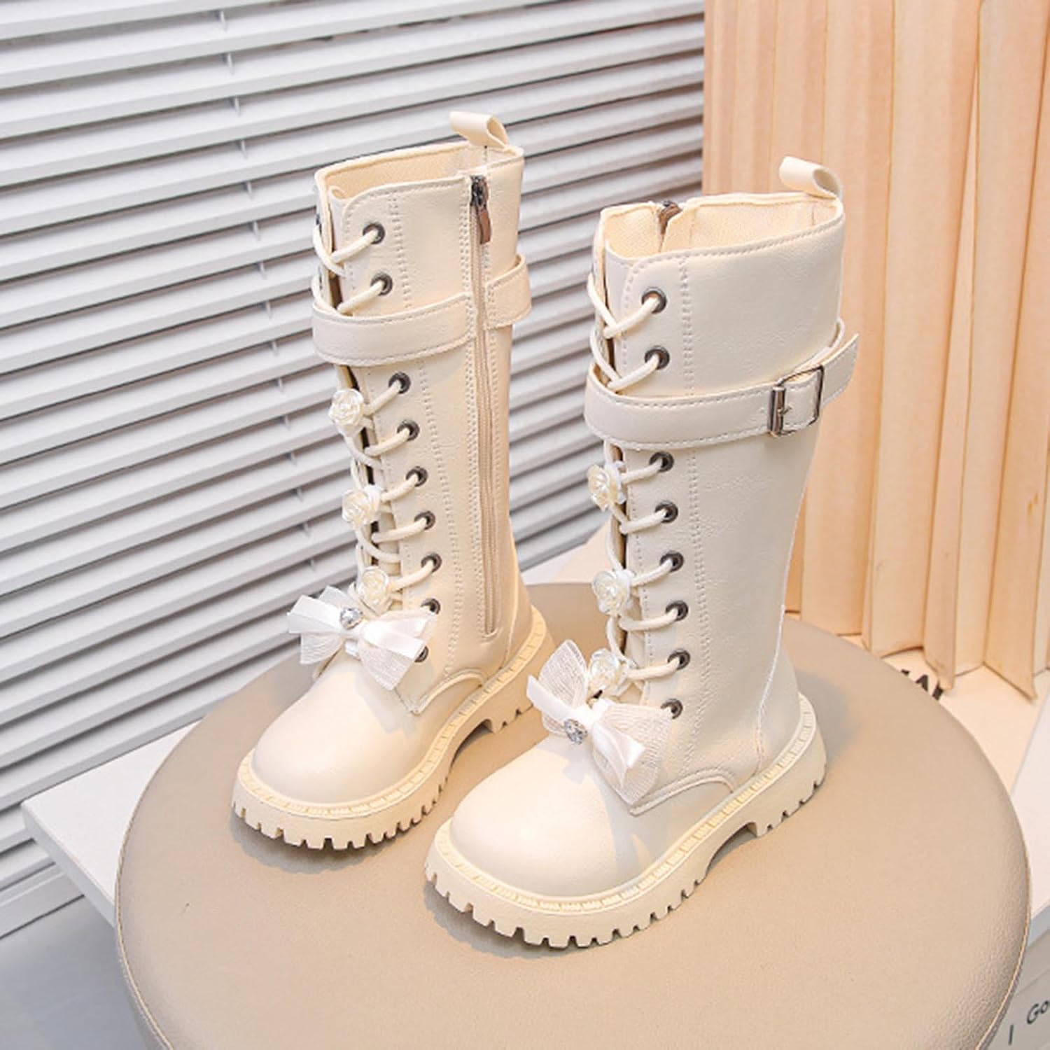 Mid Calf Princess Boots for Big Kids Bow Lace Up Combat Boot Fall Winter Warm Student Tall Shoes with Side Zip