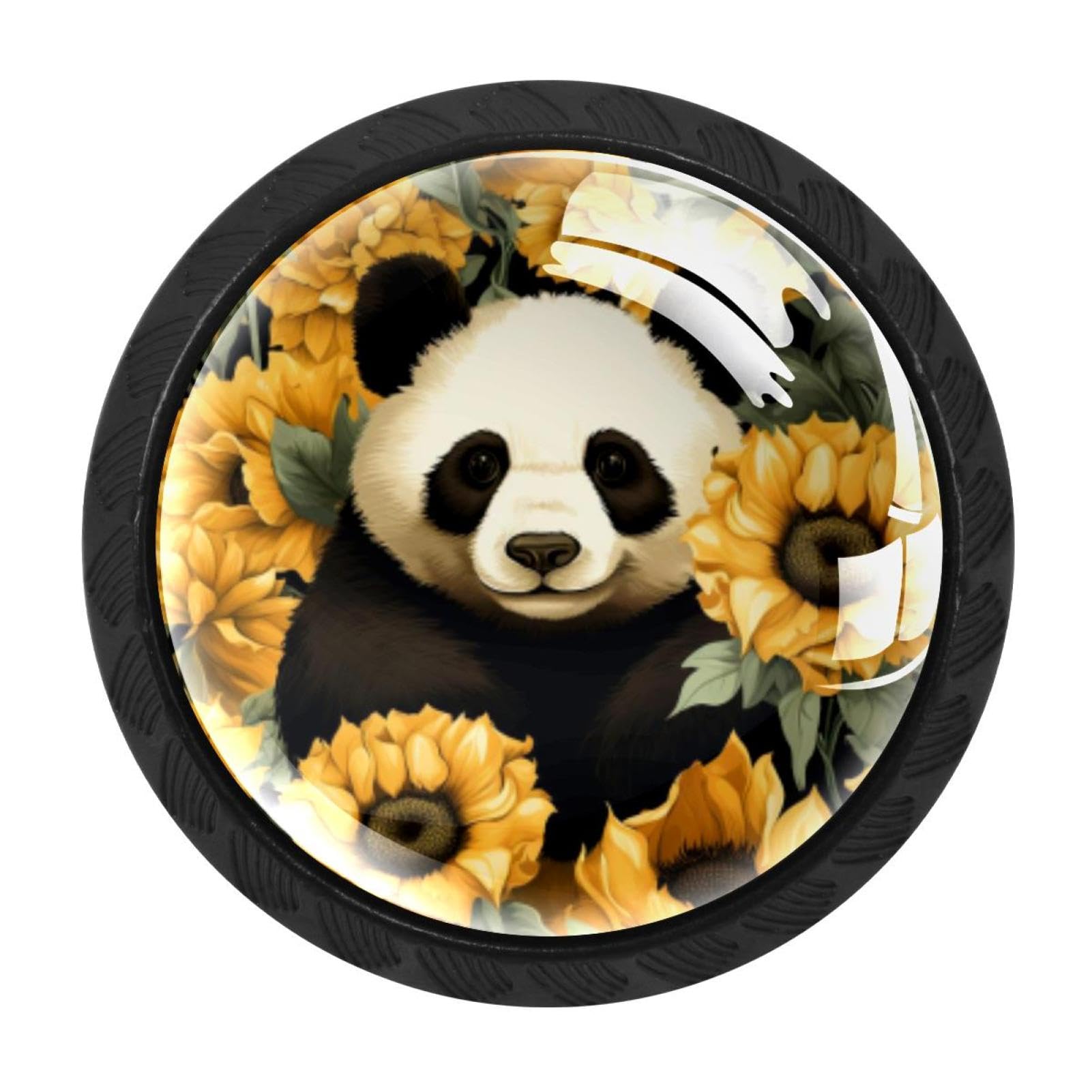 CHENZZZZ 4 Pack Drawer Knobs, Black Handle Dresser Drawer Pulls, Round Decoration Cabinet Hardware Pulls with Screws for Kitchen Cupboard Wardrobe, Panda Sunflower