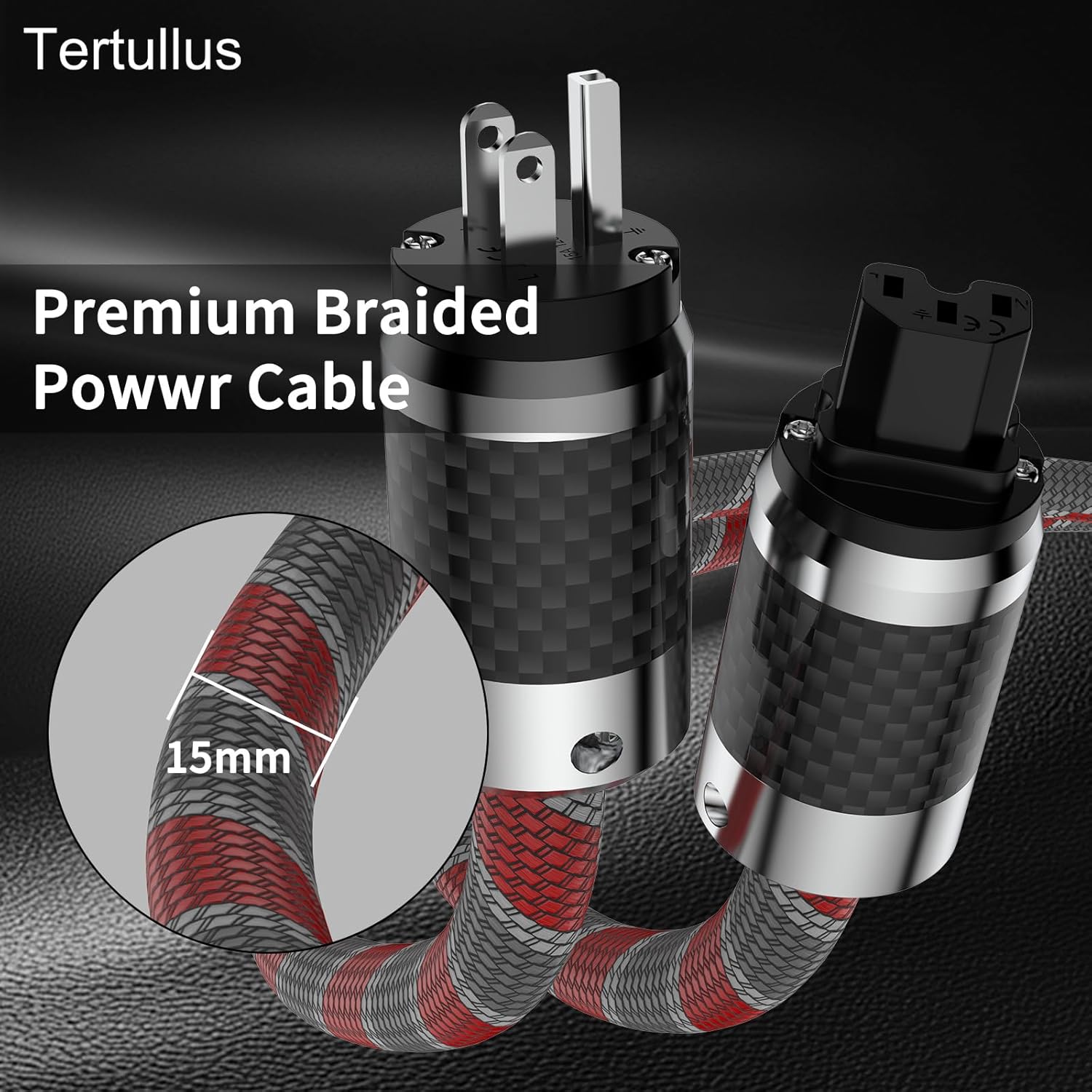 Tertullus Audiophile HiFi Power Cord 5N OFC AC Main US Power Supply Cable with Carbon Fiber Plug IEC320-C15 Female Connector 125V/15A,for Speaker, Subwoofer, Turntable, Amp, Dac (1M/3.28ft)