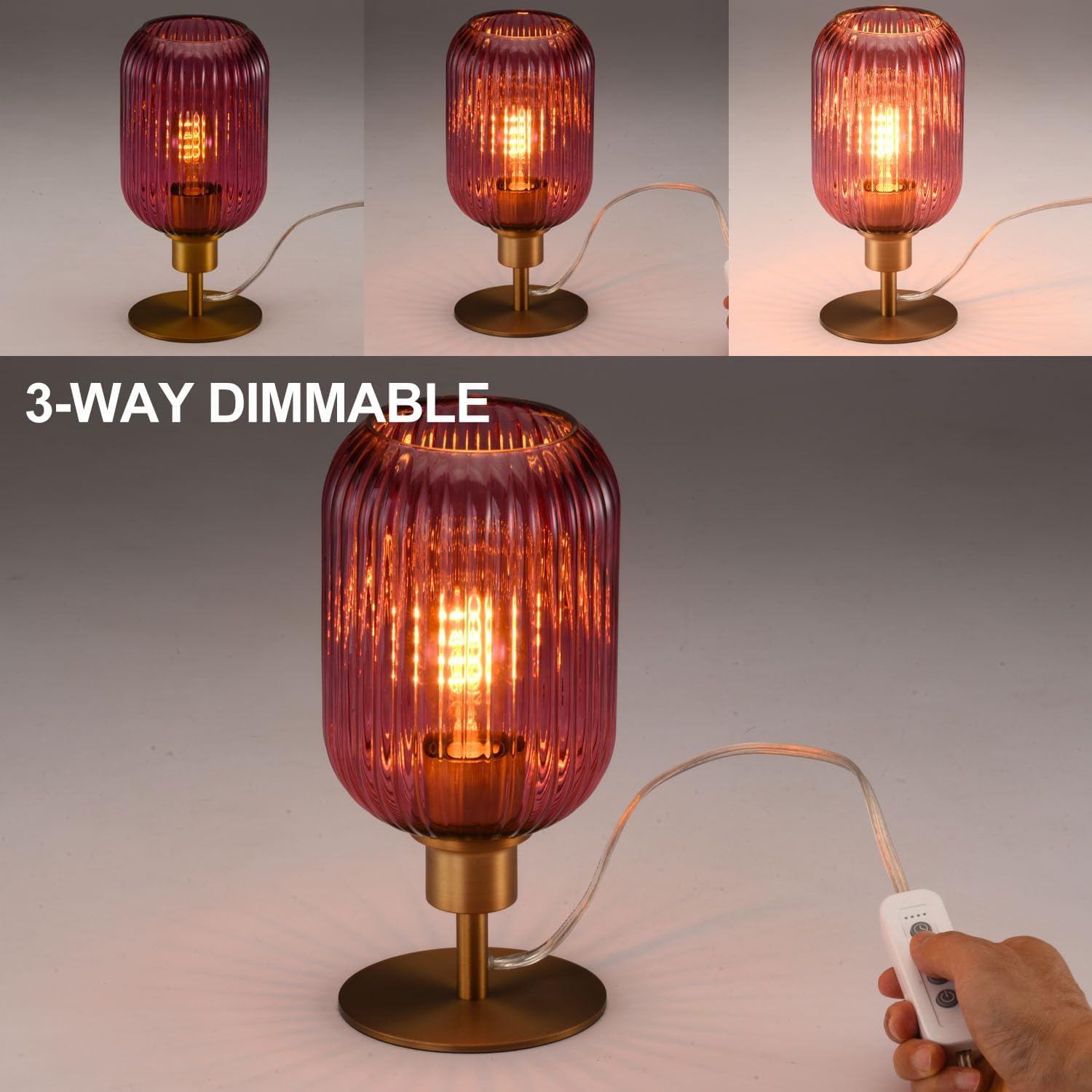 Mid Century Glass Table Lamp,Dimmable Desk Lamp,LED Bulb Included,Timer Build-in,Purple Ribbed Glass