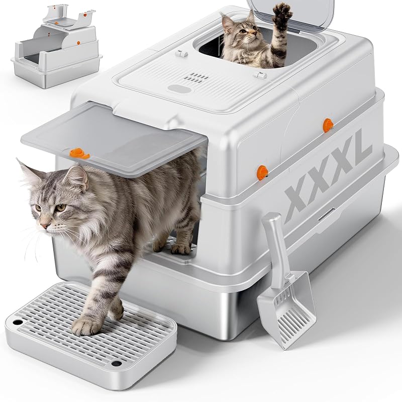 Caixa de Areia XXXL para Gatos em Aço Inoxidável com Tampa FURTIME – 71,12 x 50,8 x 43,18 cm