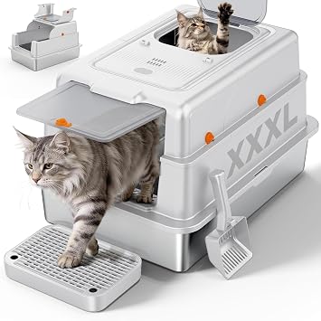 FURTIME L Extra Large Stainless Steel Litter Box with Lid, Large Enclosed Cat Litter Box for Big Cats, Metal Cat Box with High Sided Enclosure & Scoop, Silver