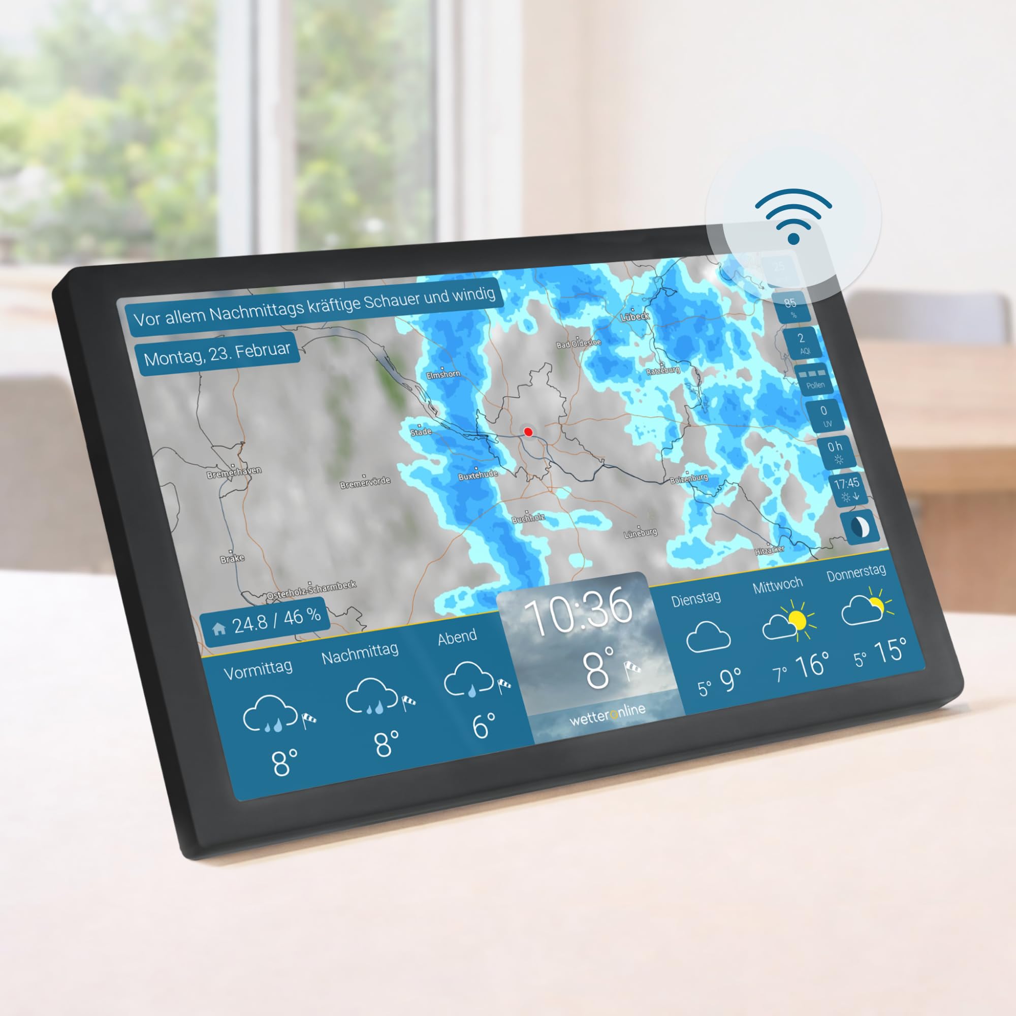 wetteronline home 4 WetterDisplay, WLAN-Wetterstation mit WetterRadar: Wetterfilm auf großem HD-Farbdisplay, einfache Bedienung, edles Design, RegenRadar, Unwetterwarnungen, 14-Tage-Wettervorhersage