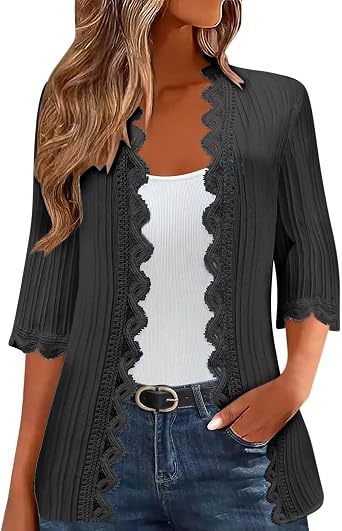 3/4 Length Sleeve Cardigan for Women Fall Lightweight Casual Open Front Crochet Lace Scalloped Trim Pleated Cardigans