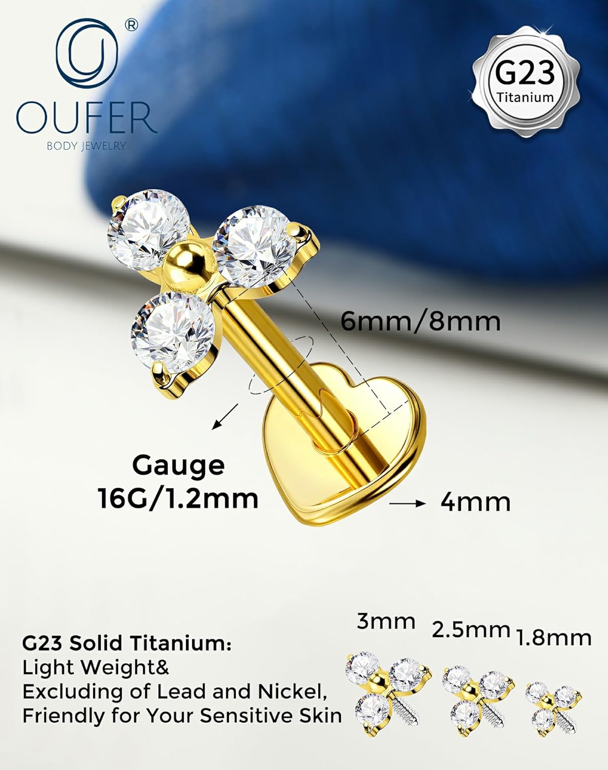 Titanium Tragus Piercing Jewelry 16G Internally Thread Flat Back Cartilage Labret Studs 6MM Surgical Steel Flat Back Nose Studs Helix Conch Nose Piercing Jewelry for Women - Image 4