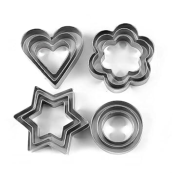 PIMIKRAYStainless Steel 12 Pieces Cookie Cutter Set | 4 Different Shapes, 3 Sizes with Mould Cake Decorating Tool, Stainless Steel Cookie Cutter with 4 Different Shapes (Set of 12)