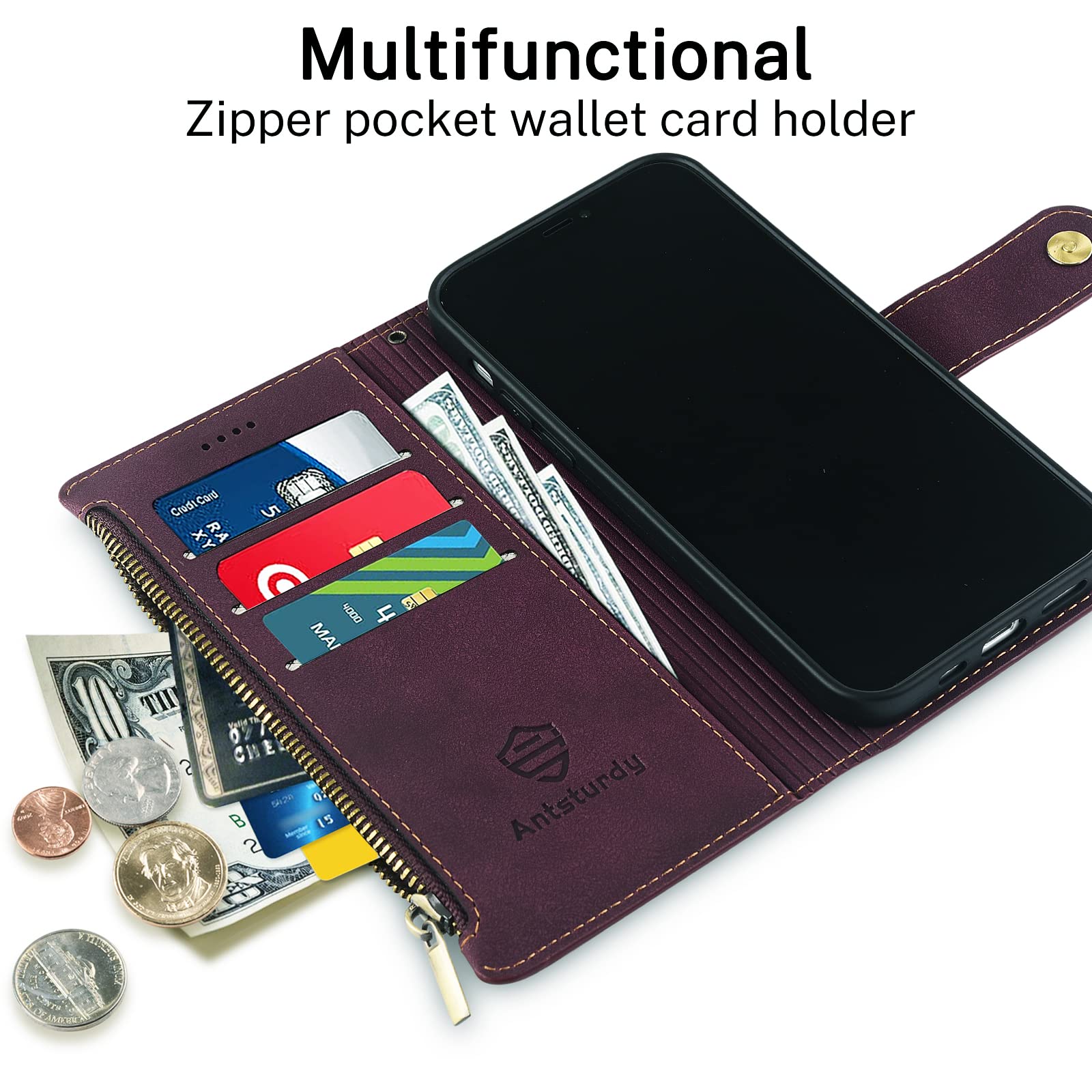 Antsturdy Samsung Google Pixel 6 Wallet case with Card Holder for Women Men,Google Pixel 6 Phone case RFID Blocking PU Leather Flip Shockproof Cover with Strap Zipper Credit Card Slots,Wine Red…