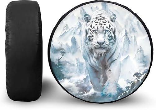 White Tiger Spare Tire Cover PU Leather, Wheel Protection Universal for SUV, Truck, RV, Camper, Trailer, 5 Sizes from 14-18 Inches, Accessories 16-Inch Fits Tire Diameter 29.6"-31.5"