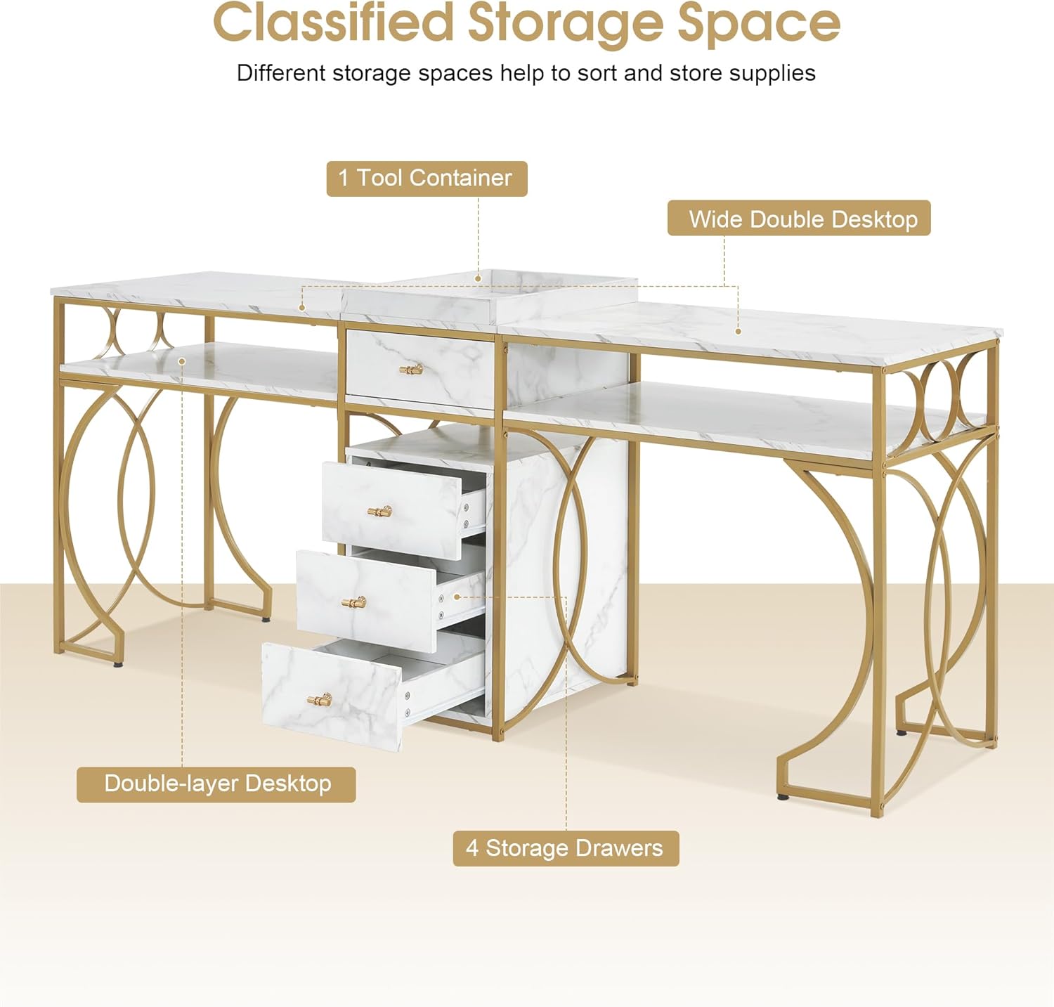 BarberPub Double Manicure Table, Nail Marbling Texture Station for 2 Person, Long Nail Desk with Storage Drawers & Metal Frame 2488 (White)