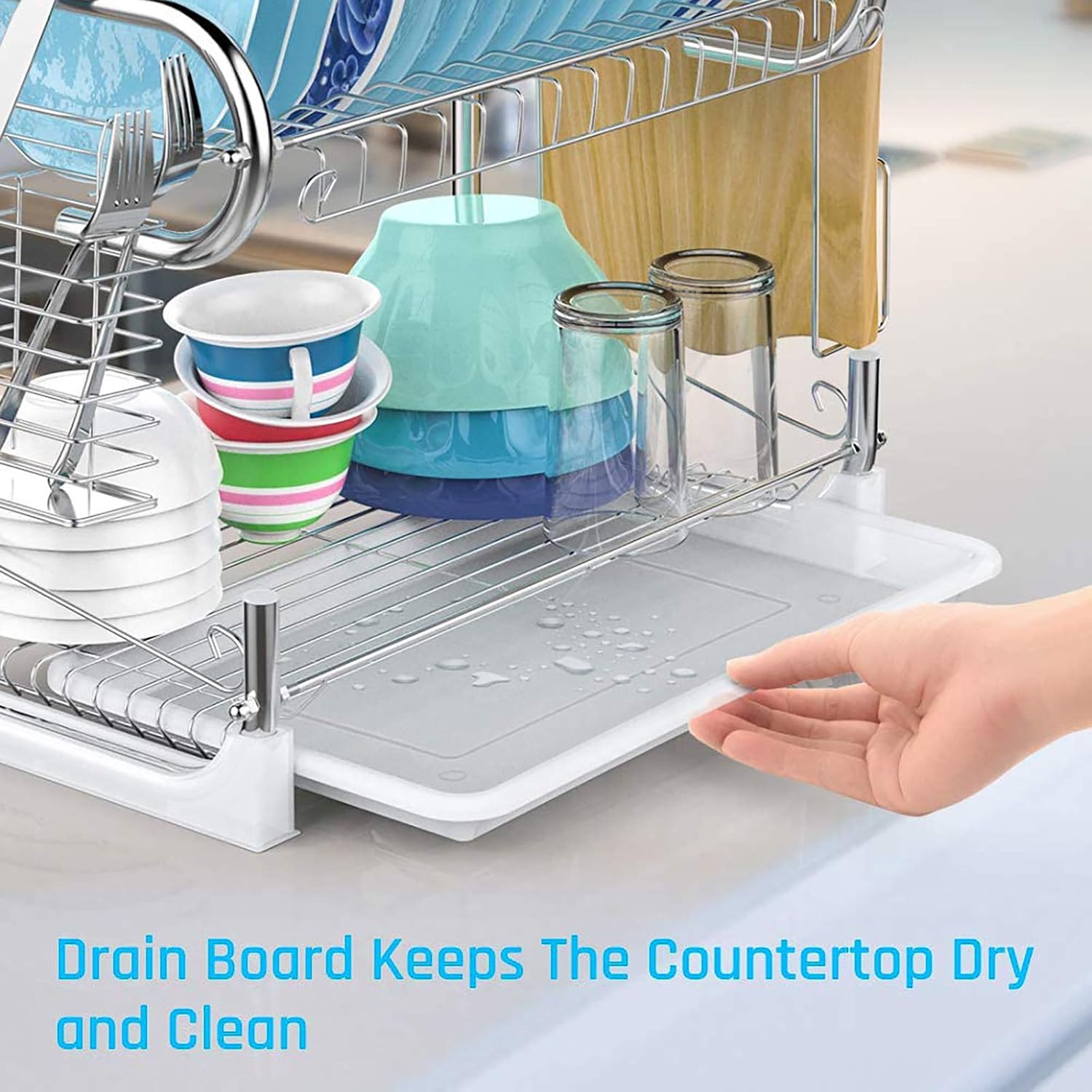 Dish Rack, Cambond 2 Tier Dish Drying Rack with Drain Board, Utensil Holder, Cutting Board Holder, Rustproof Dish Drainer for Kitchen Countertop