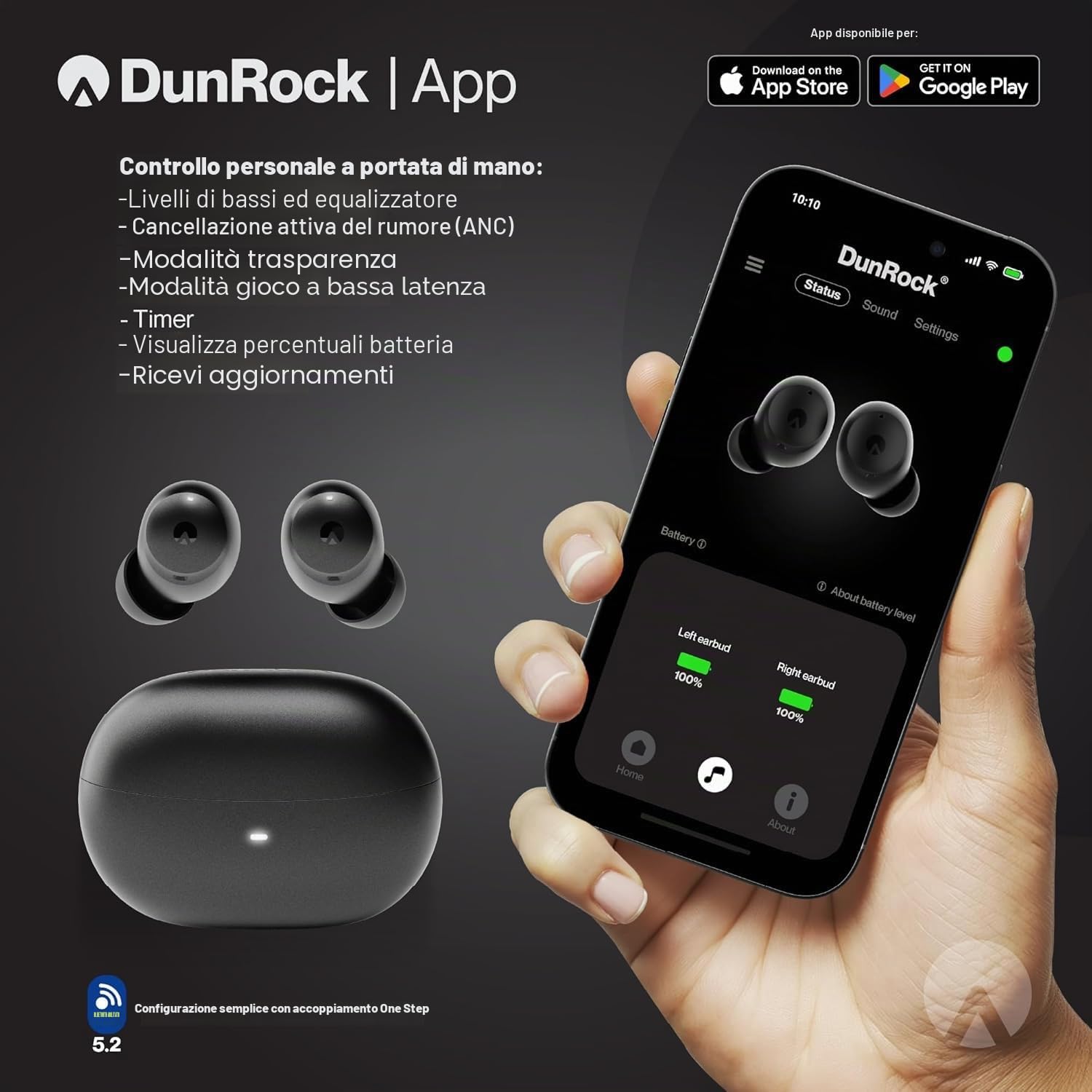 Pop Auricolari In-Ear Bluetooth 5.2 con ANC Ibrido, Modalità Trasparenza, App, 32h Batteria, 6 Microfoni ENC, Touch, USB-C, True Wireless per Chiamate, Sport e Viaggi – Nero