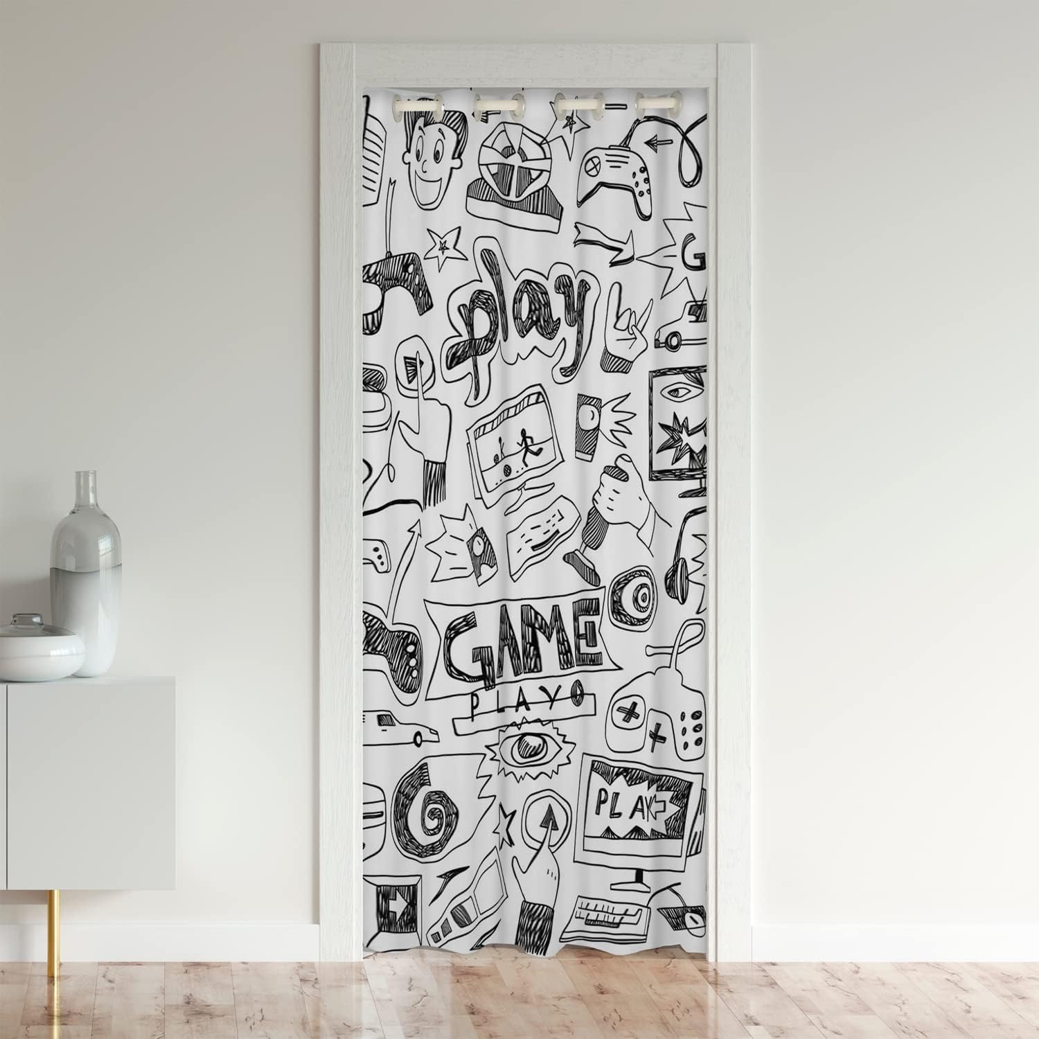 Gaming Doorway Curtain, Kids Gamepad Cartoon Door Curtain Video Games Gamers Blackout Curtain Hip Hop Graffiti Racing Car Curtain, Black White Printed Bedroom Closet Door Decor, 34"W X 80"L