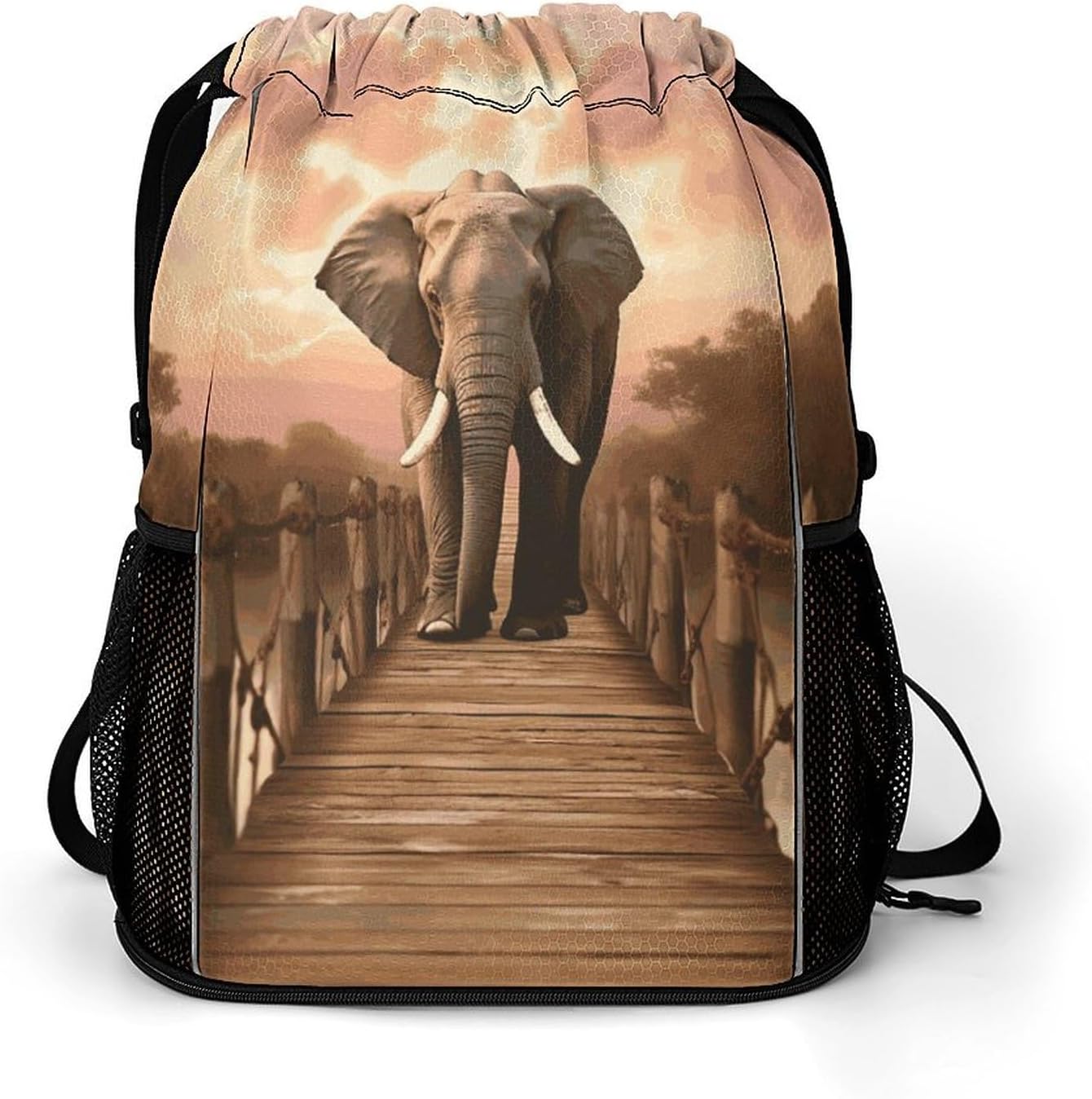 Drawstring Backpack Sports Gym Swim Bag with Shoes Compartment Elephant on A Bridge Stuff Sack