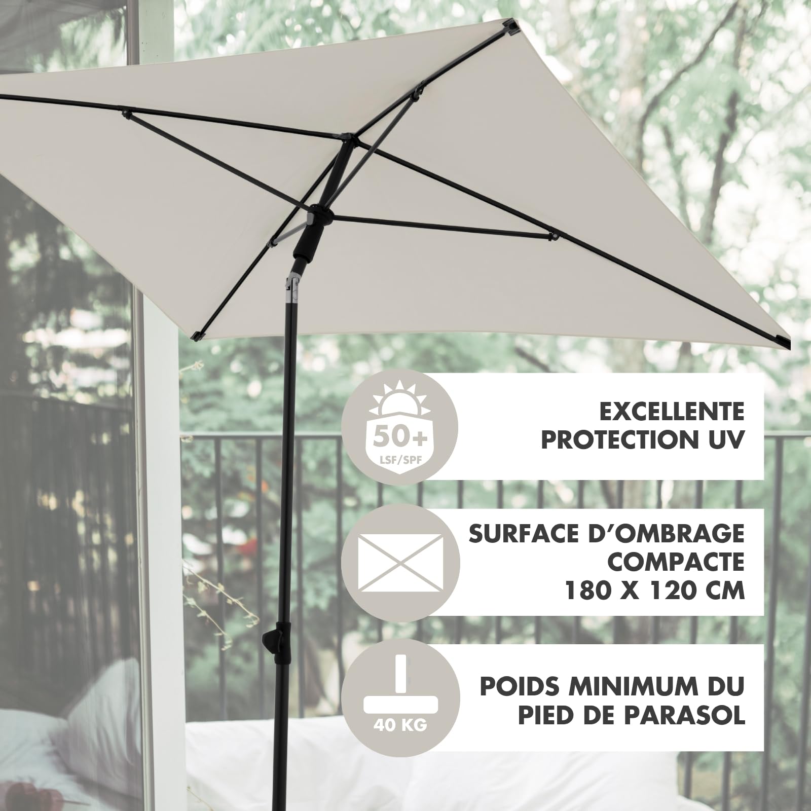 derby Parasol de balcon 180x120cm I Parasol rectangulaire pour balcon & terrasse I Parasol de balcon avec coulisse pour ouvrir I Réglable en hauteur I Parasol de jardin basculant