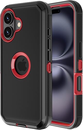 Jiunai for iPhone 16 Case Heavy Duty Strong Shockproof Screenless Black Red | Port Protection Dustproof Screenless Dual Layer Bumper Protective Cover Rugged Phone Case for iPhone 16 6.1 Men Women Teen