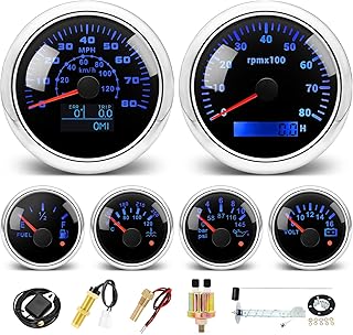 MH 6 AUTO Boat Gauge Set - 3-3/8" 80MPH & 120KM GPS Speedometer, Tachometer, 2-1/16" Oil Pressure Gauge, Fuel Level, Water Temperature, Voltmeter Alarm Marine Meter Kit with Sensor (Black and Silver)