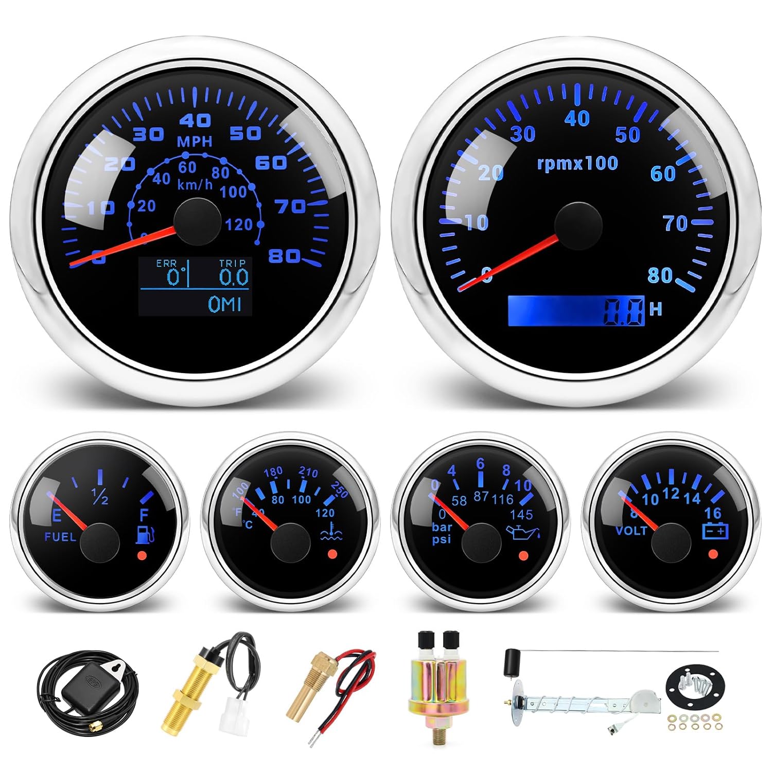 MH 6 AUTO Boat Gauge Set - 3-3/8" 80MPH & 120KM GPS Speedometer, Tachometer, 2-1/16" Oil Pressure Gauge, Fuel Level, Water Temperature, Voltmeter Alarm Marine Meter Kit with Sensor (Black and Silver)