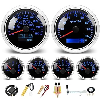 MH 6 AUTO Boat Gauge Set - 3-3/8" 80MPH & 120KM GPS Speedometer, Tachometer, 2-1/16" Oil Pressure Gauge, Fuel Level, Water Temperature, Voltmeter Alarm Marine Meter Kit with Sensor Black and Silver