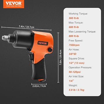 VEVOR Air Impact Wrench, 1/2 Drive Air Impact Gun Up to 880ft-lbs Nut-busting Torque, 7500RPM Lightweight Pneumatic Tool for Auto Repairs and Maintenance