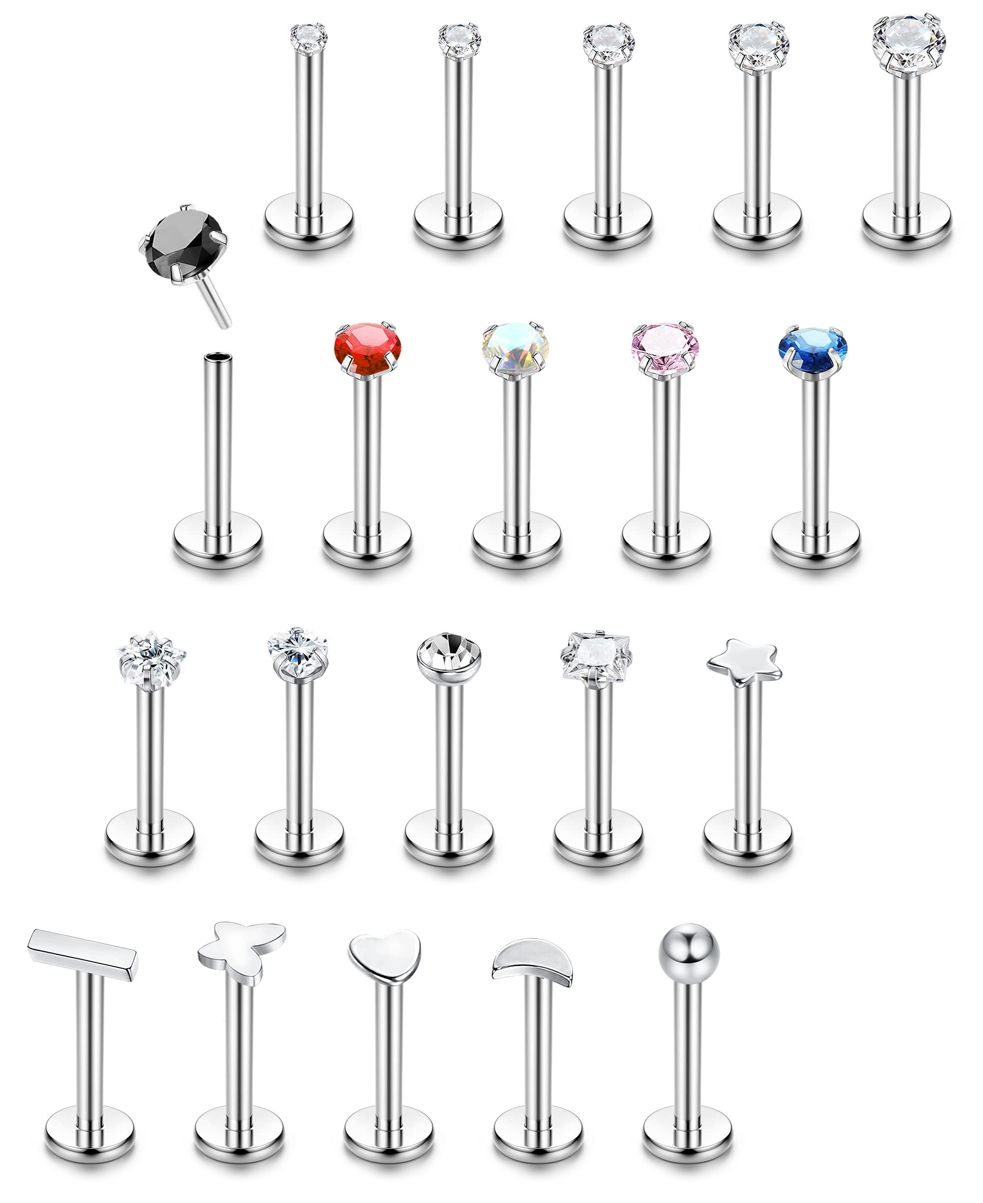 Finrezio 20 Piezas 16G Tragus Piercing Acero Inoxidable 8mm Helix Piercing Labio Medusa Stud Pendientes Nariz Estrella Corazón CZ Piercing Oreja Cartilago Joyas para Mujeres