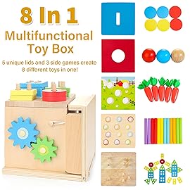 Kizfarm Wooden Montessori Baby Toys, 8-in-1 Wooden Play Kit Includes Object Permanent Box, Coin Box, Carrot Harvest, Shape Sorting & Stacking - Birthday Gift for Boys Girls Toddlers